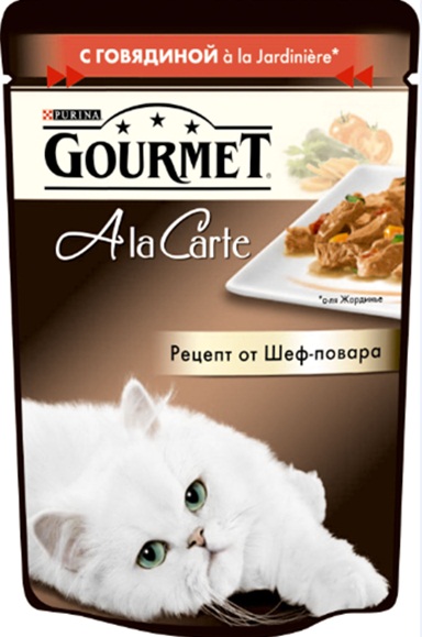 Консервы Gourmet A la Carte, для взрослых кошек, с говядиной a la Jardiniere, с морковью, томатом и цуккини, 85 г0120710 Консервы Gourmet A la Carte, для взрослых кошек, с говядиной a la Jardiniere, с морковью, томатом и цуккини, 85 г0120710Корм Gourmet A la Carte – это изысканные блюда, приготовленные по рецептам от шеф-повара. Прекрасное сочетание рыбного или мясного ассорти с тщательно подобранными ингредиентами, такими как овощи, рис или паста, создают утонченную гармонию текстуры и вкуса. Рекомендации по кормлению: Суточная норма: 3-4 пакетика в день для взрослой кошки (средний вес 4 кг), в два приема.Данная суточная норма рассчитана для умеренно активных взрослых кошек, живущих в условиях нормальной температуры окружающей среды. В зависимости от индивидуальных потребностей кошки норма кормления может быть скорректирована для поддержаниянормального веса вашей кошки.Подавайте корм комнатной температуры. Следите, чтобы у вашей кошки всегда была чистая, свежая питьевая вода. Состав: мясо и продукты переработки мяса (в том числе говядины), экстракт растительного белка, рыба и продукты переработки рыбы, овощи (в том числе морковь, томат, цуккини) минеральные вещества, сахара, витамины, красители.Добавленные вещества: витамин A 735 МЕ/кг; витамин D3 113 МЕ/кг; витамин Е 16,5 МЕ/кг; железо 8,5 мг/кг ; йод 0,2 мг/кг; медь 0,7 мг/кг; марганец 1,6 мг/кг; цинк 15 мг/кг.Гарантированные показатели: влажность 79,5%, белок 13%, жир 2,7%, сырая зола 2,2%, сырая клетчатка 0,3%.Условия хранения: закрытый пакетик хранить в сухом прохладном месте. После открытия хранить в холодильнике максимум 24 часа.Товар сертифицирован.