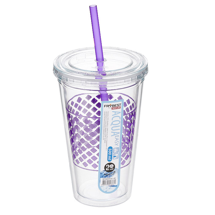 Стакан Frybest Easy, с трубочкой, цвет: фиолетовый, 500 мл. AC1-01VT-1520(SR) Стакан Frybest Easy, с трубочкой, цвет: фиолетовый, 500 мл. AC1-01VT-1520(SR)Стакан Frybest Easy изготовлен из прочного пластика, оформленного цветным рисунком. Благодаря специальной конструкции с двойными стенками горячие и холодные напитки дольше сохраняют свою температуру. Прозрачность материала позволяет видеть содержимое. Материал износостоек и устойчив к царапинам, благодаря этому изделие сохранит свой изначальный вид даже после продолжительного использования. Стакан оснащен плотно закрывающейся крышкой с силиконовой прослойкой и удобной трубочкой. Такой стакан очень удобен в использовании, его можно взять с собой куда угодно: на работу, пикник, в парк, поездку или прогулку. Легкость очистки: благодаря своей форме стакан легко мыть; пригоден для посудомоечной машины.