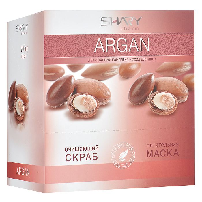 Shary Двухэтапный комплекс-уход для лица Argan: очищающий скраб, питательная маска, 20x12 г65079775 Shary Двухэтапный комплекс-уход для лица Argan: очищающий скраб, питательная маска, 20x12 г65079775Двухэтапный комплекс-уход для лица Shary Argana включает в себя очищающий скраб и питательную маску.Очищающий кремовый скраб для лица содержит натуральный эксфолиант - микрогранулы из абрикосовых косточек, позволяющий мягко и нежно очистить даже самую чувствительную кожу, не повреждая ее. Легкая текстура скраба деликатно удаляет ороговевшие клетки и загрязнения, ускоряет естественный процесс регенерации, омолаживает и выравнивает кожу. В результате применения кожа выглядит обновленной, цвет лица становится свежим и сияющим. Применение очищающего скраба подготавливает кожу к нанесению питательной маски и усиливает ее действие. Роскошная питающая, насыщающая энергией маска восстанавливает и сохраняет гидро-липидный слой кожи, улучшает состояние клеток. Активные компоненты интенсивно смягчают и питают кожу. В результате применения маски, она становится нежной и шелковистой. Масло арганы глубоко увлажняет, восстанавливает упругость и эластичность кожи, замедляет процессы старения, предотвращает появление морщин. Экстракт листьев чайного дерева обладает противовоспалительным действием, повышает иммунитет кожи, освежает и тонизирует. Экстракт эдельвейса защищает от раздражения и воспаления, выравнивает тон кожи. Экстракт граната стимулирует синтез коллагена, улучшает микроциркуляцию, обладает сильным антиоксидантным действием.Способ применения: 1 этап: нанесите скраб на чистую влажную кожу, избегая области вокруг глаз. Легко помассируйте в течение 1-2 минут. Тщательно смойте водой. 2 этап: после использования скраба нанесите маску на сухую кожу лица, избегая области вокруг глаз. Через 10-15 минут смойте теплой водой. Применять 1-2 раза в неделю.Товар сертифицирован.