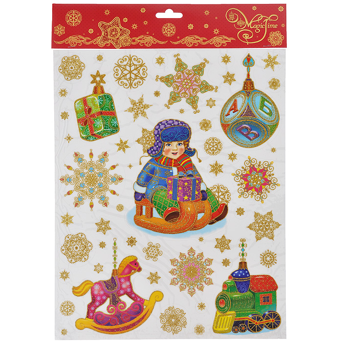 Новогоднее оконное украшение Magic Time Мальчик на санках и игрушки. 34328NLED-454-9W-BK Новогоднее оконное украшение Magic Time Мальчик на санках и игрушки. 34328NLED-454-9W-BKНовогоднее оконное украшение Magic Time поможет украсить дом к предстоящим праздникам. Яркие изображения в виде зайчика на санях и игрушек нанесены на прозрачную пленку и крепятся к гладкой поверхности стекла посредством статического эффекта. Рисунки декорированы блестками. С помощью этих украшений вы сможете оживить интерьер по своему вкусу.Новогодние украшения всегда несут в себе волшебство и красоту праздника. Создайте в своем доме атмосферу тепла, веселья и радости, украшая его всей семьей.