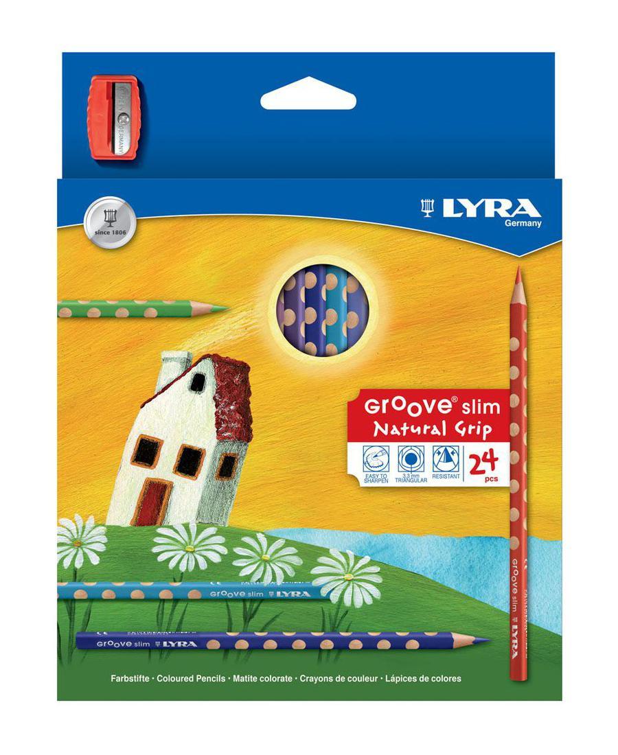 Цветные карандаши Lyra Groove Slim, с точилкой, 24 цвета72523WD Цветные карандаши Lyra Groove Slim, с точилкой, 24 цвета72523WDЦветные карандаши Lyra Groove Slim непременно, понравятся вашему юному художнику. Набор включает в себя 24 ярких насыщенных цветных карандаша треугольной формы с эргономичным захватом. Идеальны для раннего развития ребенка. Карандаши изготовлены из натурального сертифицированного дерева, экологически чистые. Имеют ударопрочный неломающийся высокопигментный грифель, не требующий сильного нажатия и легко затачиваются. Порадуйте своего ребенка таким восхитительным подарком! В комплекте: 24 карандаша, точилка.