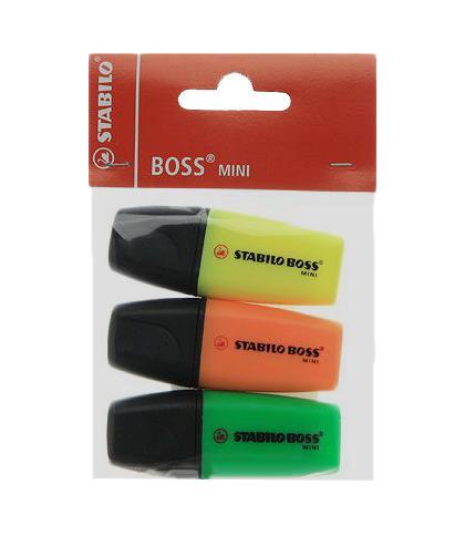 Набор маркеров Stabilo Boss Mini, 3 штFS-36052 Набор маркеров Stabilo Boss Mini, 3 штFS-36052Текстовыделители STABILO BOSS в мини-формате. Позволяют выделять основное на бумаге всех видов, включая факсовую. Прочный, износоустойчивый наконечник скошенной формы позволяет проводить линии различной толщины, гарантируя постоянство толщины линии на протяжении всего срока службы. Большой запас чернил. Высокая светостойкость обеспечивает четкость и яркость линий на долгие годы. мгновенное высыхание на бумаге. 4 часа сохраняют работоспособность без колпачка. Набор из трех цветов: желтый, оранжевый, зеленый.