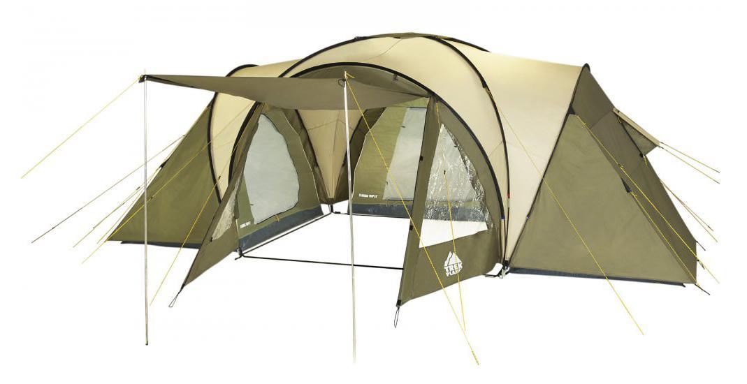 Палатка шестиместная TREK PLANET Florida Tripl 6, цвет: хаки67742 Палатка шестиместная TREK PLANET Florida Tripl 6, цвет: хаки67742Шестиместная двухслойная семейная палатка TREK PLANET Florida Tripl 6 с тремя отдельными спальными отделениями, отличной вентиляцией, огромным и высоким (220 см) тамбуром между спальными отделениями - отличный выбор для большого семейного кемпинга и отдыха на природе.Особенности:Тент палатки из полиэстера с пропиткой PU надежно защищает от дождя и ветра,Все швы проклеены,Большое и высокое внутреннее помещение между спальными отделениями палатки, где свободно размещается кемпинговый стол и стулья на 6 человек,Эффективная потолочная система вентиляции в тамбуре,Два обзорных окна со шторками в тамбуре, Большой выносной козырек на металлических стойках,Дно из прочного водонепроницаемого армированного полиэтилена позволяет устанавливать палатку на жесткой траве, песчаной поверхности, глине,Дуги из прочного стекловолокна,Внутренние палатки из дышащего полиэстера, обеспечивают вентиляцию помещения и позволяют конденсату испаряться, не проникая внутрь палатки,Трехпозиционные вентиляционные окна на каждом из трех спальных отделений (закрыто, частично открыто, полностью открыто),Удобная D-образная дверь на входе в каждое из трех спальных отделений,Москитная сетка на входе в каждое из трех спальных отделений в полный размер двери,Внутренние карманы для мелочей в каждом спальном отделении;Возможность подвески фонаря в палатке,Для удобства транспортировки и хранения предусмотрен чехол из прочного полиэстера OXFORD, с двумя ручками и закрывающийся на застежку-молнию.