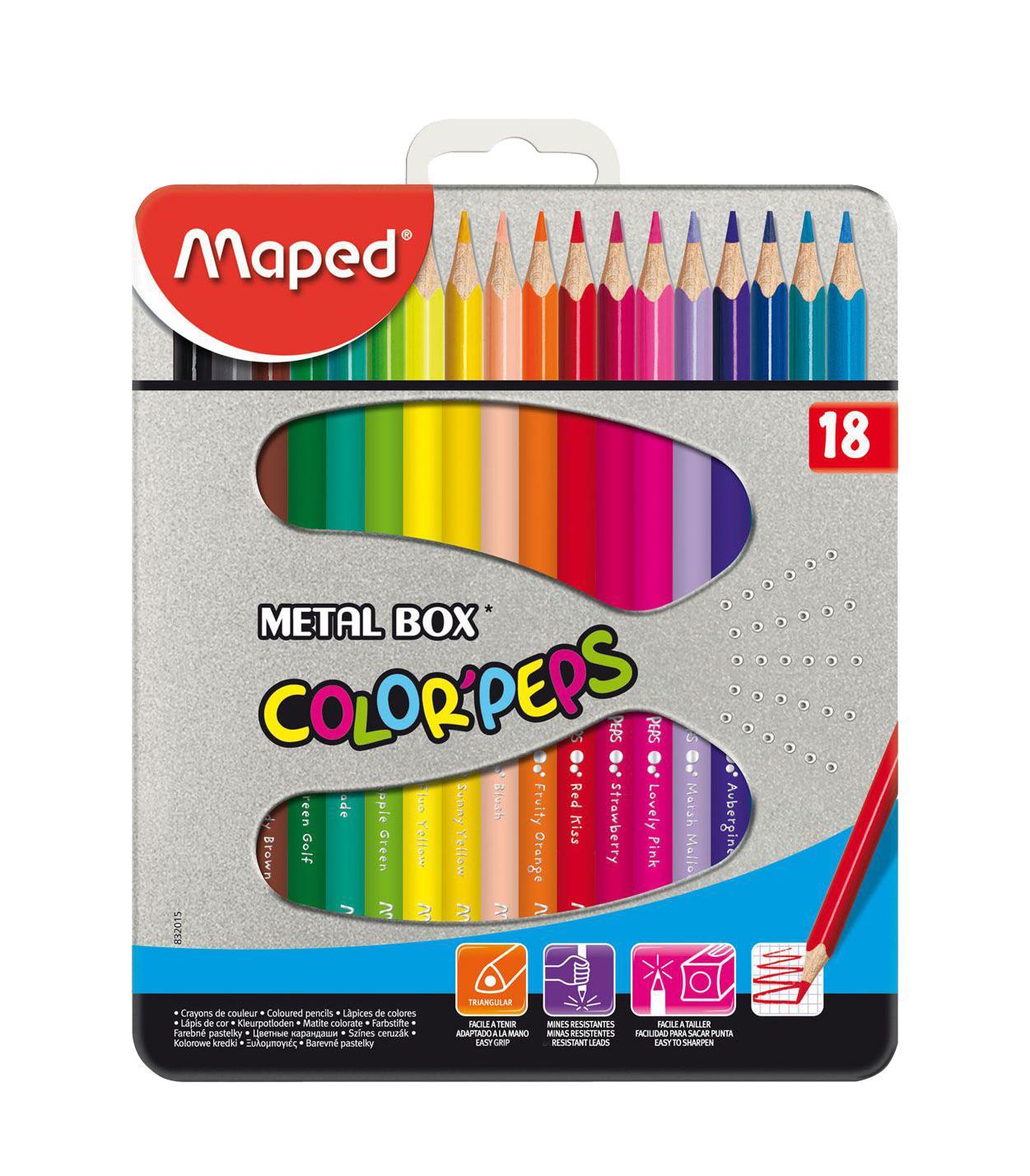 Карандаши цветные Maped Color Peps, в металлическом футляре, 18 цветов72523WD Карандаши цветные Maped Color Peps, в металлическом футляре, 18 цветов72523WDВ процессе рисования у малышей развивается наглядно-образное мышление, воображение, мелкая моторика рук, творческие и художественные способности, вырабатывается усидчивость и аккуратность. Набор содержит карандаши 18 ярких насыщенных цветов, упакованных в прочный металлический футляр. Все карандаши предварительно заточены. Цветные карандаши Color Peps разработаны специально для самых маленьких художников, которые только начинают свой творческий путь. Эргономичный трехгранный корпус из американской липы особенно удобен для маленьких детских ручек. Специальное покрытие и многослойная лакировка уменьшают скольжение, что делает процесс рисования максимально комфортным. Мягкий, ударопрочный грифель не ломается и не крошится при заточке. В процессе рисования у малышей развивается наглядно-образное мышление, воображение, мелкая моторика рук, творческие и художественные способности, вырабатывается усидчивость и аккуратность.Набор содержит карандаши 12 ярких насыщенных цветов, упакованных в прочный металлический футляр. Все карандаши предварительно заточены. Характеристики:Материал: грифель, дерево. Длина карандаша: 17,5 см. Диаметр карандаша: 0,7 см. Размер упаковки:16 см х 19 см х 1,5 см. Изготовитель: Китай.