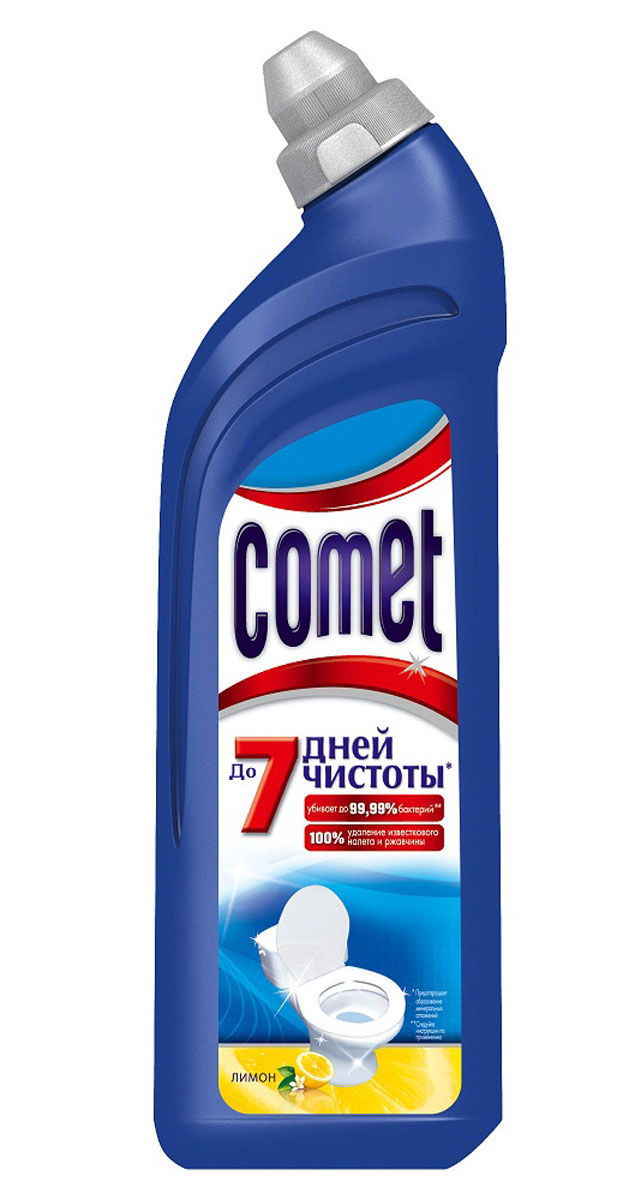 Чистящее средство для туалета Comet, лимон, 750 млES-414 Чистящее средство для туалета Comet, лимон, 750 млES-414Чистящее средство для туалета Comet сохраняет чистоту до 7 дней, благодаря защитному слою. Средство отлично чистит и удаляет известковый налет и ржавчину, а также дезинфицирует поверхность. Обладает приятным ароматом сосны и цитрусов.