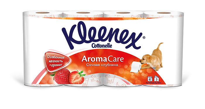 Туалетная бумага Kleenex Aroma Care. Сочная клубника, трехслойная, цвет: белый, розовый, 8 рулонов67742 Туалетная бумага Kleenex Aroma Care. Сочная клубника, трехслойная, цвет: белый, розовый, 8 рулонов67742Туалетная бумага Kleenex Aroma Care. Сочная клубника изготовлена из целлюлозы высшего качества. Трехслойные листы белого цвета имеют рисунок с тиснением в виде собачек. Мягкая, нежная, но в тоже время прочная, бумага не расслаивается и отрывается строго по линии перфорации. Обладает приятным ароматом клубники.