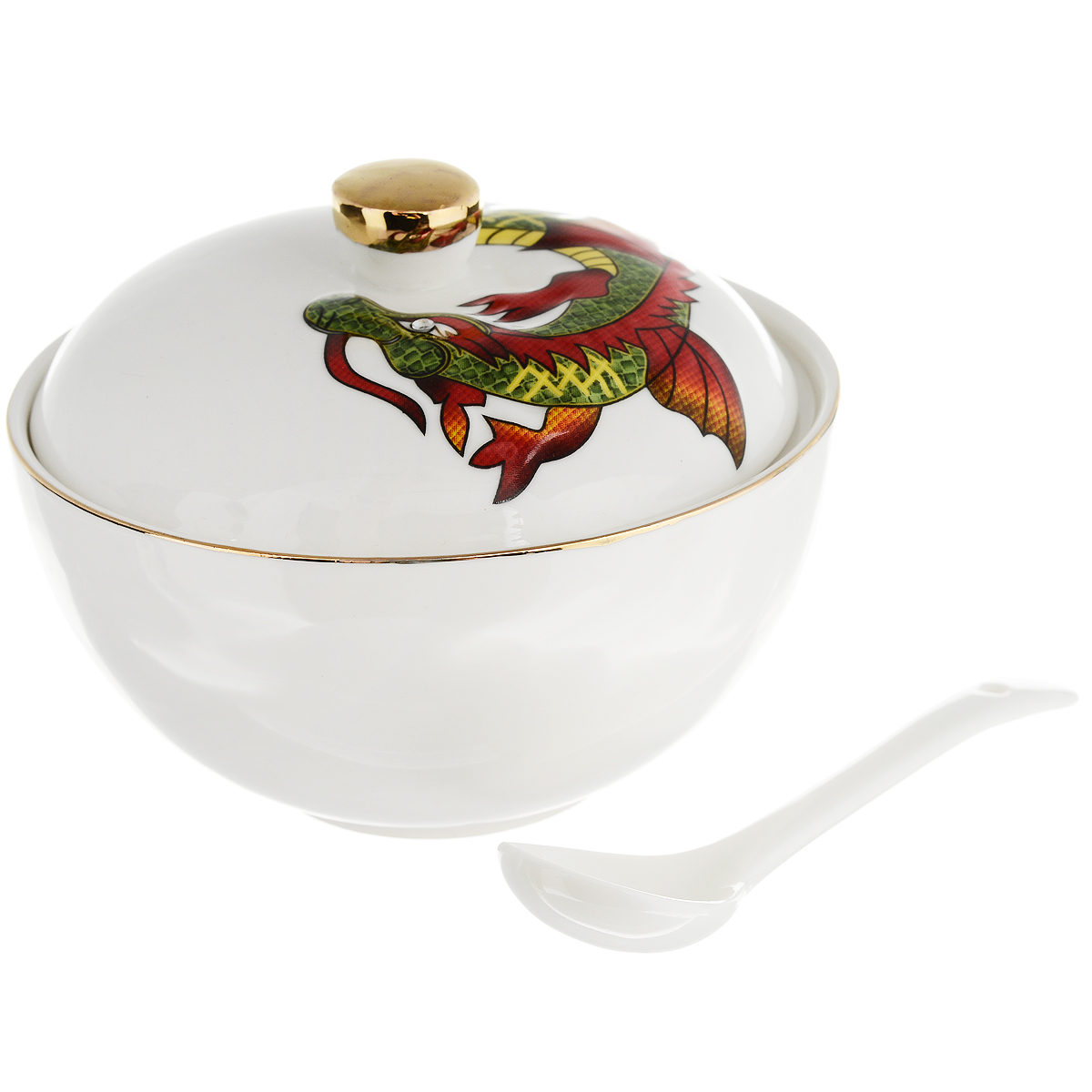 Икорница Briswild Яркий дракон, с ложкой, диаметр 11 см598-041 Икорница Briswild Яркий дракон, с ложкой, диаметр 11 см598-041Изящная икорница круглой формы Briswild Яркий дракон изготовлена из высококачественного фарфора белого цвета. Крышка оформлена красочным изображением дракона со стразом. В комплекте - фарфоровая ложечка. Изделие идеально подходит для подачи икры. Икорница красиво оформит праздничный стол и подчеркнет прекрасный вкус хозяйки. Набор упакован в подарочную коробку. Внутренняя часть коробки задрапирована коричневым атласом. Не использовать в микроволновой печи. Не применять абразивные моющие средства.