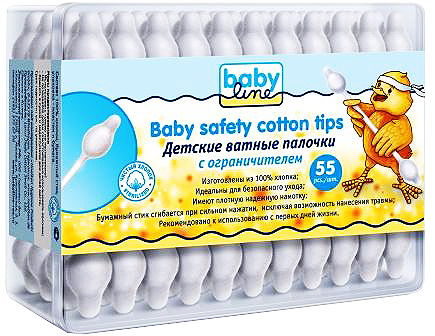 BabyLine Ватные палочки, детские, с ограничителем, 55 шт28032022 BabyLine Ватные палочки, детские, с ограничителем, 55 шт28032022Детские ватные палочки BabyLine с ограничителем изготовлены из 100% хлопка.Идеальны для безопасного ухода. Бумажный стик сгибается при сильном нажатии, исключая возможность нанесения травмы.Товар сертифицирован.