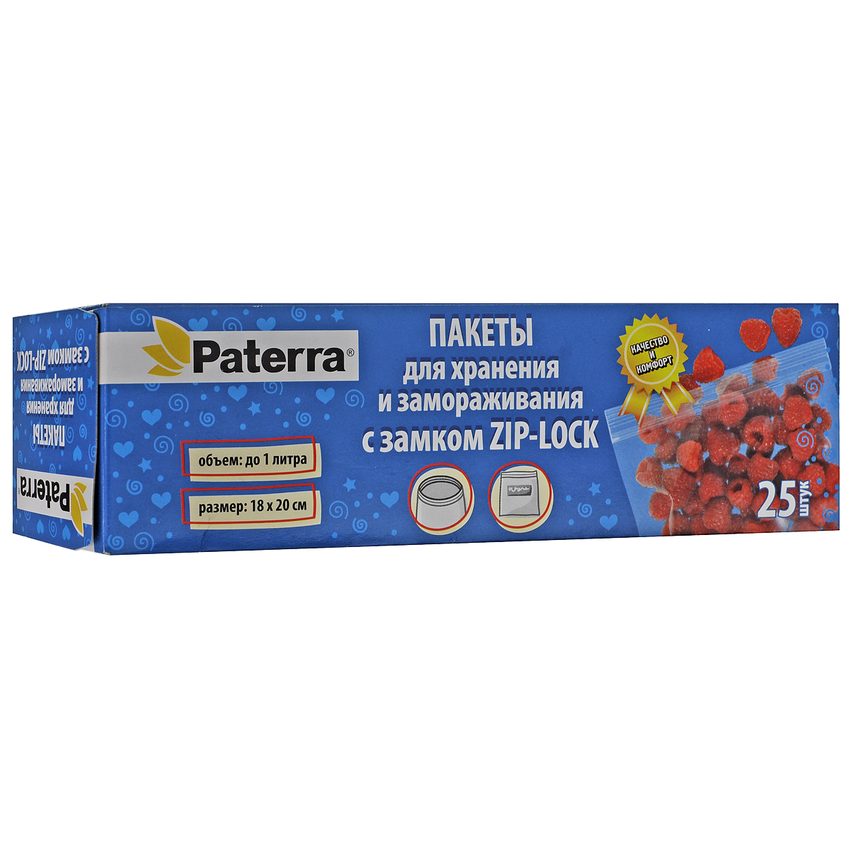 Пакеты для хранения и замораживания Paterra, с замком, 1 л, 25 шт115510 Пакеты для хранения и замораживания Paterra, с замком, 1 л, 25 шт115510Пакеты Paterra предназначены для хранения и замораживания продуктов. С их помощью вы легко заморозите любые продукты и сохраните их свежесть, аромат и витамины максимально долго. Пищевые пакеты изготовлены специально для хранения ягод, зелени, фруктов, овощей, мяса и рыбы. Замок системы Zip-Lock поможет надежно и герметично закрыть пакет легким движением руки. Специальное поле для заметок позволяет записать всю необходимую информацию прямо на пакете. Пакеты можно использовать и для хранения бытовых мелочей.