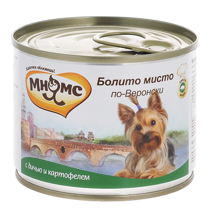 Консервы для собак Мнямс Болито мисто по-Веронски, с дичью и картофелем, 200 г0120710 Консервы для собак Мнямс Болито мисто по-Веронски, с дичью и картофелем, 200 г0120710Полнорационные корма Мнямс, производимые в Германии, содержат все необходимое для здоровой и счастливой жизни вашего питомца. Входящие в состав ингредиенты абсолютно натуральны, сбалансированы и при этом обладают высокой вкусовой привлекательностью. Кухня итальянского города Вероны славится своими мясными блюдами, поэтому в любом ресторане здесь Вам предложат Болито мисто по-Веронски - ассорти из разных видов дичи, которое тушат вместе - в одной кастрюле. В конце приготовления добавляют картофель, сладкий перец и специи.Блюдо отличается тонким, сложным и разнообразным вкусом, который подчёркивает традиционный веронский густой соус, готовящийся из мясного бульона, хлеба и сыра пармезан.При кормлении необходимо учитывать возраст и активность животного. Собака всегда должна иметь доступ к свежей питьевой воде.Состав: мясо 66%, из них дичь (100%), картофель (2%), томаты (2%), минералы, прованские травы (0,2%), льняное масло (0,1%).Пищевая ценность: витамин Е (30 мг), витамин D3 (200 МЕ), цинк (15 мг), марганец (3 мг), йод (0,75 мг), селен (0,03 мг).Анализ: белок 10,3%, жир 6,8%, клетчатка 0,4%, зола 2,4%, влажность 79%.Вес: 200 г. Товар сертифицирован.