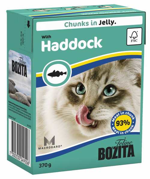 Консервы для кошек Bozita Feline, с морской рыбой в желе, 370 г0120710 Консервы для кошек Bozita Feline, с морской рыбой в желе, 370 г0120710Консервы Bozita Feline - это полнорационное влажное питание премиум класса для кошек. Содержит 93% свежего шведского мяса, которое никогда не было заморожено. Состав: курица, пикша (7,2% в порции), свинина, говядина, карбонат кальция, дрожжи MacroGard. Добавки на кг: витамин А 2000МЕ, витамин D3 200МЕ, витамин Е 12 мг, таурин 700 мг, медь 2 мг (сульфат меди-(II), пентагидрат), марганец 1,8 мг (оксид марганца -II и -III), цинк 14 мг (сульфат цинка, моногидрат), йод 0,1 мг (йодат кальция, моногидрат). Содержит все витамины и минералы, в которых нуждается ваш питомец. Анализ состава: белок 8,5%, жир 4,5%, клетчатка 0,5%, минеральные вещества (сырая зола 2,3%, кальций 0,35%, фосфор 0,3%, магний 0,02%), влага 83%. Продукт не содержит ГМО. Энергетическая ценность: 290 кДж/100г. Вес: 370 г.Товар сертифицирован.