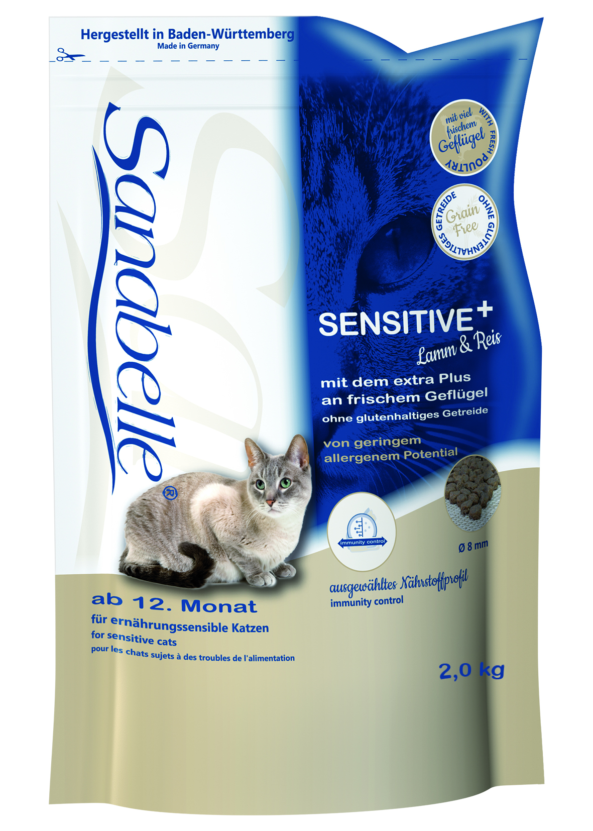 Корм сухой Sanabelle Sensetive для взрослых кошек с чувствительным пищеварением, с ягненком, 2 кг101246 Корм сухой Sanabelle Sensetive для взрослых кошек с чувствительным пищеварением, с ягненком, 2 кг101246Сухой корм Sanabelle Sensetive - это полностью сбалансированный высококачественный сухой корм для взрослых кошек с чувствительным пищеварением. Состав: мясо домашней птицы (мин. 20%), рис, кукуруза, животный жир, мука из мяса ягненка (мин. 5%), рыбная мука, печень, гидролизованное мясо, жировая клетчатка, мука из свежего мяса, яичный порошок, льняное семя, свекольная пульпа, клетчатка, дрожжи, рыбий жир, хлорид калия, клюква, черника, мука из мидий, цикориевая пудра, сушеные цветки бархатцев, экстракт юкки. Содержание питательных веществ: протеин 32,5%, содержание жира 22,5%, клетчатка 2,5%, минеральные вещества 6,3%, магний 0,08%, влажность 10,0%. Экстрактивные вещества, не содержащие азот: 26,2%. Пищевые добавки (на 1 кг): витамин А 17.500 МЕ, витамин Д3 1.500 МЕ, витамин Е 150 мг, таурин 2000 mg, медь 10 мг, цинк (в форме окиси цинка) 30 мг, цинк (в аминокислотной хелатной форме, гидрат) 40 мг, йод 2 мг, селен 0,2 мг. Калорийность: 4160 ккал/кг. Товар сертифицирован.