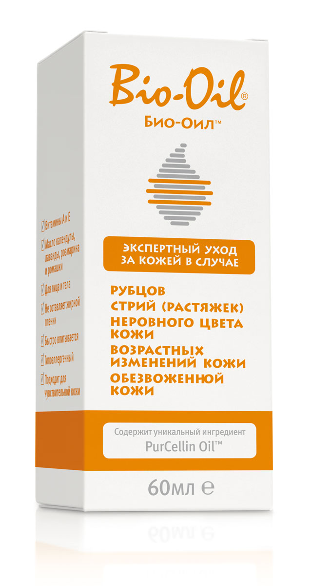 Масло косметическое Bio-Oil, от шрамов, растяжек, неровного тона, 60 млFS-00897 Масло косметическое Bio-Oil, от шрамов, растяжек, неровного тона, 60 млFS-00897Косметическое масло Bio-Oil - это экспертный уход за кожей, разработанный для уменьшения видимости шрамов, растяжек и неровного цвета кожи. Также рекомендовано к использованию для возрастной и обезвоженной кожи. Его уникальная формула, содержащая революционный по своему действию ингредиент PureCellin Oil, высоко эффективна для возрастной и для обезвоженной кожи. Основными ингредиентами являются витамины А и Е, натуральные масла календулы, лаванды, розмарина и ромашки. Его можно использовать как для лица, так и для тела.Масло быстро впитывается и не оставляет жирной пленки. Оно гипоаллергенно и подходит даже для чувствительной кожи. Использование: наносить дважды в день минимум в течение трех месяцев. Во время беременности наносить дважды в день, начиная со второго триместра. Характеристики:Объем: 60 мл. Размер упаковки: 4,5 см х 4,5 см х 10,5 см.Товар сертифицирован.