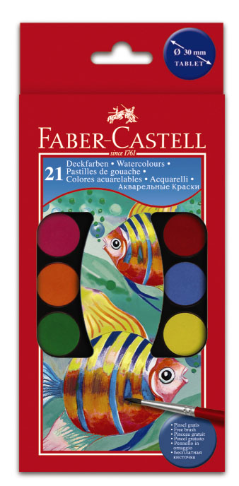 Краски акварельные Faber-Castell Watercolours, с кисточками, 21 цветFS-00103 Краски акварельные Faber-Castell Watercolours, с кисточками, 21 цветFS-00103Акварельные краски Faber-Castell Watercolours идеально подойдут как для детского художественного творчества, так и для изобразительных и оформительских работ. Краски легко размываются, создавая прозрачный цветной слой, отлично смешиваются между собой, не крошатся и не смазываются, быстро сохнут. В наборе 21 краска ярких, насыщенных цветов, а также две кисти. Каждый цвет представлен в основе круглой формы, располагающейся в отдельной ячейке, которую можно перемещать либо комбинировать с нужными красками, что делает процесс рисования легким и удобным. Коробка представляет собой поддон для ячеек с красками с отсеком для кисти и белой краски, а крышка - палитру. Отличный подарок для любителя рисовать акварелью!