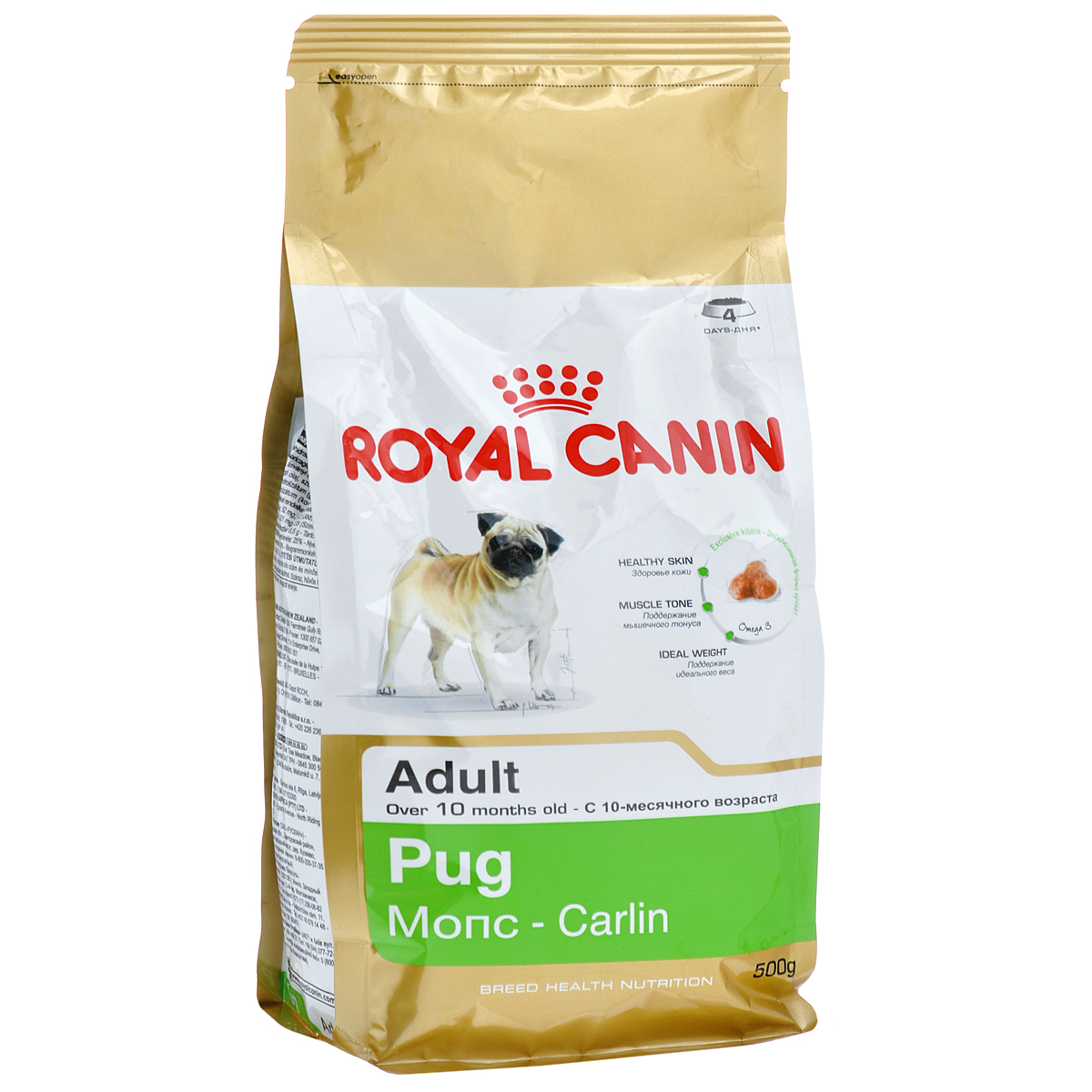 Корм сухой Royal Canin Pug Adult , для собак породы мопс от 10 месяцев, 500 г0120710 Корм сухой Royal Canin Pug Adult , для собак породы мопс от 10 месяцев, 500 г0120710Корм сухой Royal Canin Pug Adult - полнорационное питание для собак породы мопс от 10 месяцев.Мопс — это истинно аристократическая порода. Очаровательные небольшие собаки издавна были любимцами знати благодаря своему спокойному нраву и сильной привязанности к хозяину. При подборе корма для мопсов важно учесть специфическое строение их челюсти: чаще всего обычные крокеты им очень неудобно захватывать и разгрызать, что приводит к нарушениям пищеварительной системы и мочеиспускательного канала.Здоровая кожа.Новая формула поддерживает кожу собаки в идеальном состоянии.Мышечный тонус.Специализированный корм для мопсов способствует поддержанию мышечного тонуса. Идеальный вес.Продукт способствует гармоничному росту при сохранении идеального веса собаки благодаря снижению уровня жиров. Особая форма крокетов.Крокеты имеют форму трилистника, вследствие чего собаке становится гораздо удобнее их захватывать. Состав: рис, дегидратированное мясо птицы, кукурузная мука, кукуруза, животные жиры, пшеничная мука, изолят растительного белка, кукурузный глютен, гидролизованные животные белки, свекольный жом, растительная клетчатка, микроэлементы, растительные масла (сои и бурачника лекарственного), рыбий жир, фруктоолигосахариды, L-лизин, DL-метионин, натрия полифосфат, таурин, гидролизованные ракообразные (источник глюкозамина), L-карнитин, гидролизованные хрящи (источник хондроитина). Добавки (в 1 кг): йод — 5,6 мг,селен — 0,27 мг,медь — 15 мг,железо — 185 мг,марганец — 82 мг,цинк — 235 мг,витамин A — 31000 МЕ,витамин D3 — 800 МЕ,витамин E — 600 мг,витамин C — 300 мг,витамин B1 — 27 мг,витамин B2 — 48,6 мг,витамин B3 — 482,8 мг,витамин B5 — 145,2 мг,витамин B6 — 75,7 мг,витамин B12 — 0,13 мг. Товар сертифицирован.