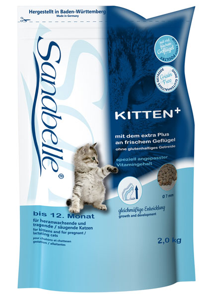 Корм сухой Sanabelle Kitten для котят до года и беременных кормящих кошек, 2 кг0120710 Корм сухой Sanabelle Kitten для котят до года и беременных кормящих кошек, 2 кг0120710Полностью сбалансированный высококачественный сухой корм для котят до года и беременных/кормящих кошек.Ингредиенты: свежее мясо домашней птицы (мин. 20%), рис, мясо домашней птицы, животный жир, мука из свежего мяса, сорго, печень, протеин из клубней картофеля, гидролизованный протеин, жировая клетчатка (дегидратированная), рыбная мука, свекольная пульпа (без сахара), желтое просо, льняное семя, дрожжи, рыбий жир, карбонат кальция, хлорид калия, клюква, черника, мука из мидий, цикориевая пудра, сушеные цветки бархатцев, экстракт юкки. Состав: протеин 34,0%, содержание жира 21,5%, клетчатка 2,0%, минеральные вещества 6,6%, магний 0,08%,влажность 10,0%. Экстрактивные вещества, не содержащие азот 25,9%.Основные добавки: пищевые добавки на 1 кг корма: Витамин А 25.000 МЕ, Витамин Д3 1.500 МЕ, Витамин Е 600 мг, таурин 2.000 мг, медь (в форме сульфата меди (2), пентагидрат) 10 мг, цинк (в форме окиси цинка) 30 мг, цинк (в аминокислотной хелатной форме, гидрат) 75 мг, йод (в форме йодида кальция, безводный) 2 мг, селен (в форме селенита натрия) 0,2 мг. Товар сертифицирован.
