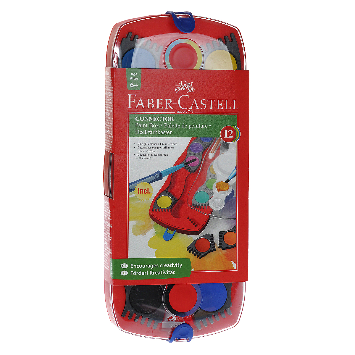 Акварельные краски Faber-Castell Connector, 12 штFS-00103 Акварельные краски Faber-Castell Connector, 12 штFS-00103Акварельные краски Faber-Castell Connector идеально подойдут как для детского художественного творчества, так и для изобразительных и оформительских работ. Краски легко размываются, создавая прозрачный цветной слой, отлично смешиваются между собой, не крошатся и не смазываются, быстро сохнут. В наборе 12 красок ярких, насыщенных цветов, а также тюбик с белой краской и кисть. Каждый цвет представлен в основе круглой формы, располагающейся в отдельной ячейке, которую можно перемещать либо комбинировать с нужными красками, что делает процесс рисования легким и удобным. Коробка представляет собой поддон для ячеек с красками с отсеком для кисти и белой краски, а крышка - палитру. Отличный подарок для любителя рисовать акварелью! Рекомендуемый возраст: от 6 лет.