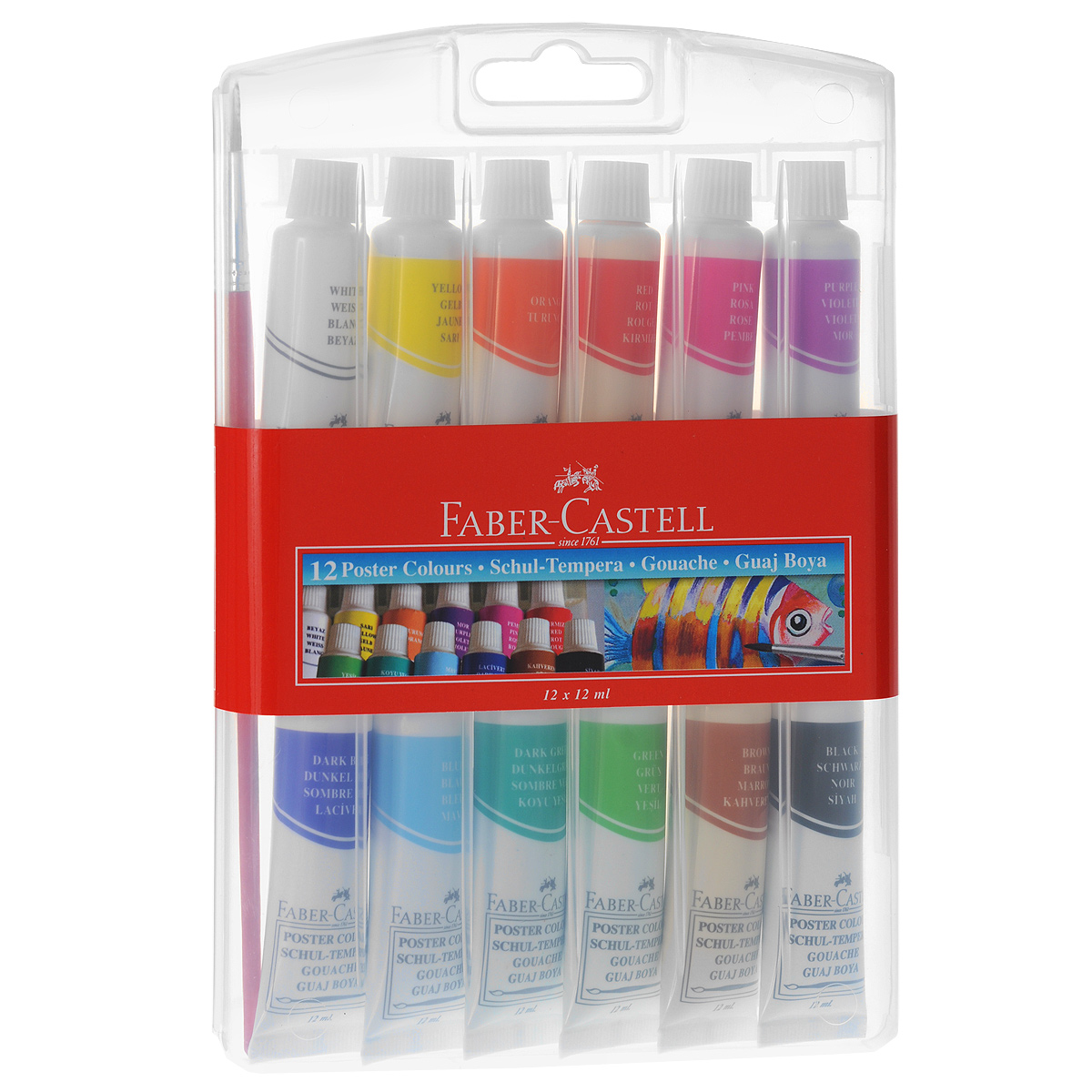 Гуашь Faber-Castell, 12 цветовFS-00103 Гуашь Faber-Castell, 12 цветовFS-00103Гуашь Faber-Castell предназначена для декоративно-оформительских работ.В набор входят тюбики с краской двенадцати цветов: голубого, черного, салатового, зеленого, оранжевого, коричневого, синего, ярко-розового, белого, красного, желтого и фиолетового. Краски легко наносятся на бумагу, картон и грунтованный холст. При высыхании приобретают матовую, бархатистую поверхность.Краски упакованы в пластиковый футляр, в котором их удобно брать с собой.