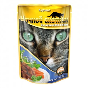 Консервы для взрослых кошек Ночной охотник, с курицей в желе, 100 г0120710 Консервы для взрослых кошек Ночной охотник, с курицей в желе, 100 г0120710Консервы для взрослых кошек Ночной охотник с курицей в желе изготовлены из натурального мяса, не содержат сои, консервантов и ГМО продуктов. В состав входят питательные вещества, белки, минеральные вещества, витамины, таурин и другие компоненты, необходимые кошке для ежедневного сбалансированного питания. Состав: мясо курицы не менее 10%, субпродукты животного происхождения, злаки, растительное масло, минеральные вещества, таурин, витамины А, D3, E. Пищевая ценность в 100 г: сырой белок - 8%, сырой жир - 3,5%, сырая клетчатка - 0,4%, кальций - 0,25%, фосфор - 0,3%, сырая зола - 2%, влажность 80%.Вес: 100 г . Энергетическая ценность: 80 ккал. Товар сертифицирован.