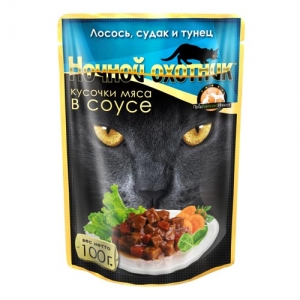 Консервы для взрослых кошек Ночной охотник, с лососем, судаком и тунцом в соусе, 100 г0120710 Консервы для взрослых кошек Ночной охотник, с лососем, судаком и тунцом в соусе, 100 г0120710Консервы для взрослых кошек Ночной охотник с лососем, судаком и тунцом - полноценное сбалансированное питание для взрослых кошек. Изготовлены из натурального мяса, без содержания сои, консервантов и ГМО продуктов. В состав корма входят питательные вещества, белки, минеральные вещества, витамины, таурин и другие компоненты, необходимые кошке для ежедневного питания.Состав: рыба и рыбные субпродукты (лосось 4%, судак 4%, тунец 4%), мясо и субпродукты животного происхождения, злаки, растительное масло, минеральные вещества, таурин, витамины А, D, E.Пищевая ценность в 100 г: сырой белок - 8%, сырой жир - 3,5%, сырая клетчатка - 0,4%, кальций - 0,25%, фосфор - 0,3%, сырая зола - 2%, влажность 80%.Вес: 100 г.Энергетическая ценность: 80 ккал/100г.Товар сертифицирован.
