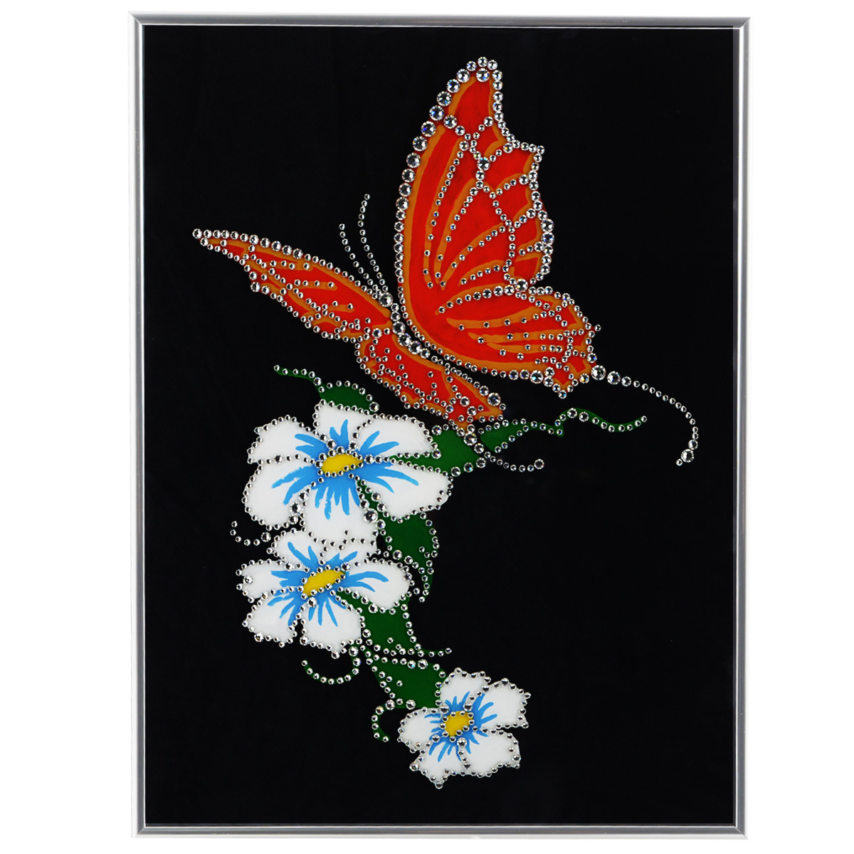 Картина с кристаллами Swarovski Бабочка, 30 х 40 см1200 Картина с кристаллами Swarovski Бабочка, 30 х 40 см1200Изящная картина в металлической раме, инкрустирована кристаллами Swarovski, которые отличаются четкой и ровной огранкой, ярким блеском и чистотой цвета. Красочное изображение цветов и бабочки, расположенное под стеклом, прекрасно дополняет блеск кристаллов. С обратной стороны имеется металлическая петелька для размещения картины на стене. Картина с кристаллами Swarovski Бабочка элегантно украсит интерьер дома или офиса, а также станет прекрасным подарком, который обязательно понравится получателю. Блеск кристаллов в интерьере, что может быть сказочнее и удивительнее. Картина упакована в подарочную картонную коробку синего цвета и комплектуется сертификатом соответствия Swarovski.