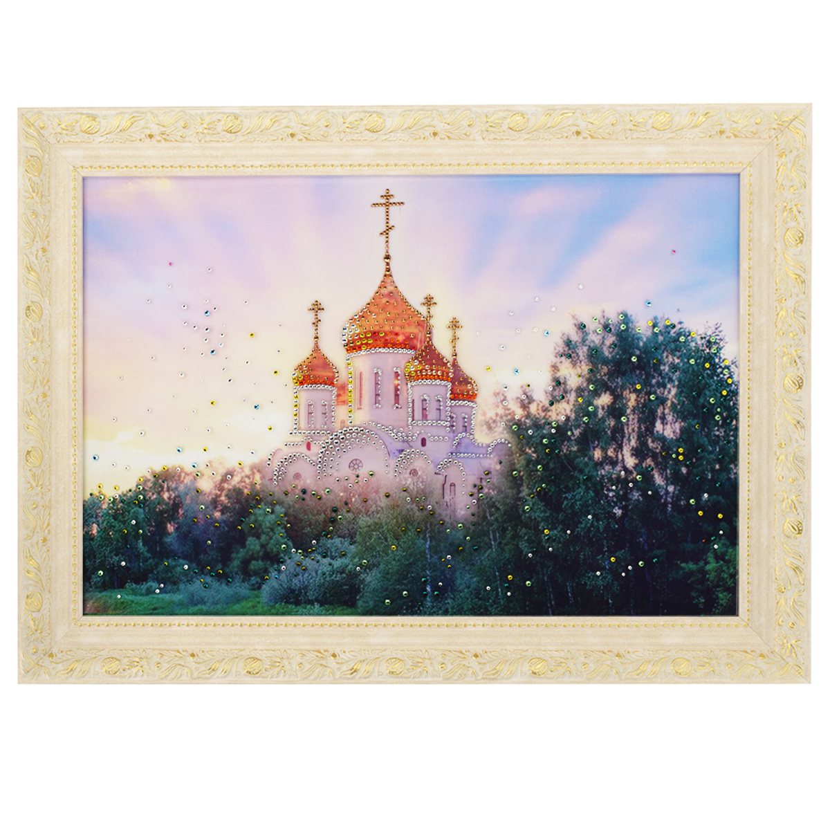 Картина с кристаллами Swarovski В лучах солнца, 70 см х 50 смPM-4003 Картина с кристаллами Swarovski В лучах солнца, 70 см х 50 смPM-4003Изящная картина в багетной раме, инкрустирована кристаллами Swarovski, которые отличаются четкой и ровной огранкой, ярким блеском и чистотой цвета. Красочное изображение церкви, расположенное под стеклом, прекрасно дополняет блеск кристаллов. С обратной стороны имеется металлическая проволока для размещения картины на стене. Картина с кристаллами Swarovski В лучах солнца элегантно украсит интерьер дома или офиса, а также станет прекрасным подарком, который обязательно понравится получателю. Блеск кристаллов в интерьере, что может быть сказочнее и удивительнее. Картина упакована в подарочную картонную коробку синего цвета и комплектуется сертификатом соответствия Swarovski.