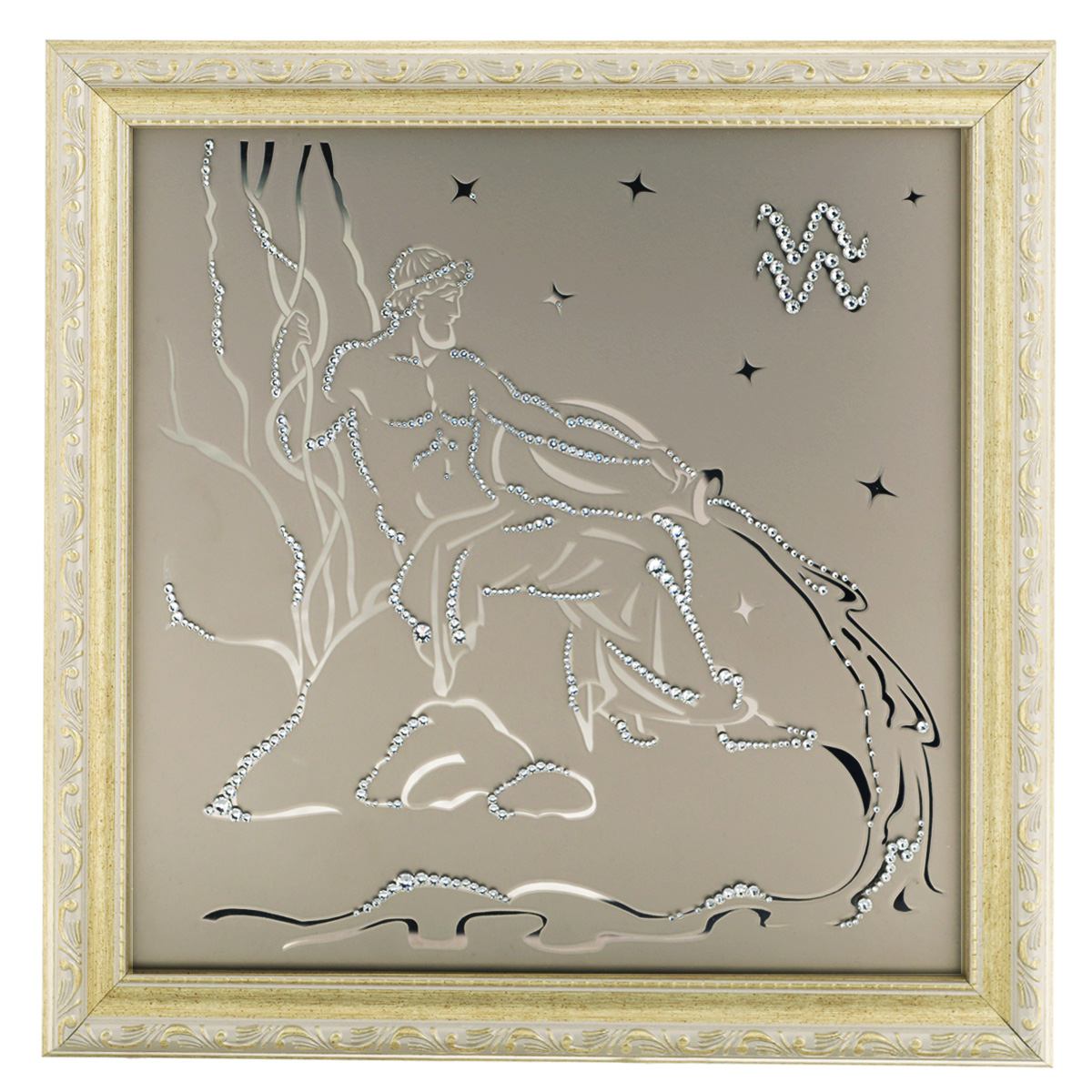 Картина с кристаллами Swarovski Знак зодиака. Водолей, 35 см х 35 смIDEA FL2-06 Картина с кристаллами Swarovski Знак зодиака. Водолей, 35 см х 35 смIDEA FL2-06Изящная картина в багетной раме, инкрустирована кристаллами Swarovski в виде знака зодиака - Водолей на матовом стекле золотистого цвета. Кристаллы Swarovski отличаются четкой и ровной огранкой, ярким блеском и чистотой цвета. С обратной стороны имеется металлическая проволока для размещения картины на стене. Картина с кристаллами Swarovski Знак зодиака. Водолей элегантно украсит интерьер дома или офиса, а также станет прекрасным подарком, который обязательно понравится получателю. Блеск кристаллов в интерьере, что может быть сказочнее и удивительнее. Картина упакована в подарочную картонную коробку синего цвета и комплектуется сертификатом соответствия Swarovski.