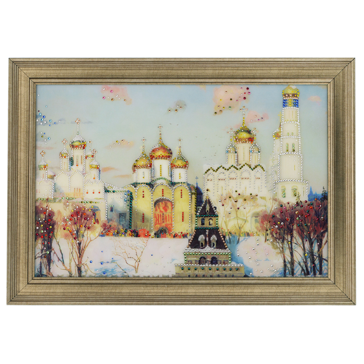 Картина с кристаллами Swarovski Золотые купола, 70 см х 50 см25051 7_желтый Картина с кристаллами Swarovski Золотые купола, 70 см х 50 см25051 7_желтыйИзящная картина в багетной раме, инкрустирована кристаллами Swarovski, которые отличаются четкой и ровной огранкой, ярким блеском и чистотой цвета. Красочное изображение церквей, расположенное под стеклом, прекрасно дополняет блеск кристаллов. С обратной стороны имеется металлическая проволока для размещения картины на стене. Картина с кристаллами Swarovski Золотые купола элегантно украсит интерьер дома или офиса, а также станет прекрасным подарком, который обязательно понравится получателю. Блеск кристаллов в интерьере, что может быть сказочнее и удивительнее. Картина упакована в подарочную картонную коробку синего цвета и комплектуется сертификатом соответствия Swarovski.