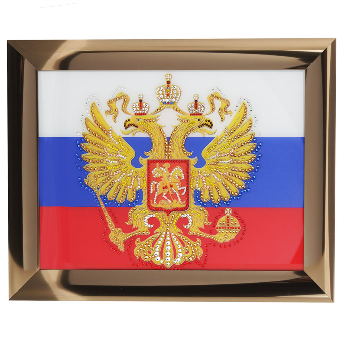 Картина с кристаллами Swarovski Герб России, 47,5 х 37,5 смPM-4002 Картина с кристаллами Swarovski Герб России, 47,5 х 37,5 смPM-4002Изящная картина в металлической раме, инкрустирована кристаллами Swarovski, которые отличаются четкой и ровной огранкой, ярким блеском и чистотой цвета. Красочное изображение герба России, расположенное под стеклом, прекрасно дополняет блеск кристаллов. С обратной стороны имеется металлическая петелька для размещения картины на стене. Картина с кристаллами Swarovski Герб России элегантно украсит интерьер дома или офиса, а также станет прекрасным подарком, который обязательно понравится получателю. Блеск кристаллов в интерьере, что может быть сказочнее и удивительнее. Картина упакована в подарочную картонную коробку синего цвета и комплектуется сертификатом соответствия Swarovski.