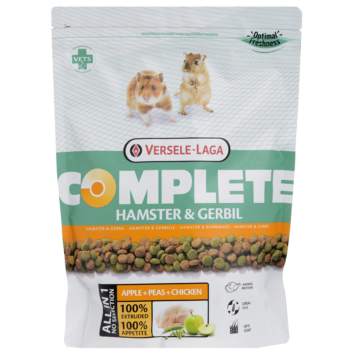 Корм для хомяков и песчанок Versele-Laga Hamster & Gerbil, комплексный, 500 г0120710 Корм для хомяков и песчанок Versele-Laga Hamster & Gerbil, комплексный, 500 г0120710Комплексный корм Versele-Laga - это полноценный и вкусный корм для (карликовых) хомяков, состоящий на 100% из легкоусвояемых экструдированных гранул. Корм содержит все питательные вещества, необходимые вашим питомцам для здоровой и активной жизни.Уход за зубамиПроблемы с ротовой полостью — частое явление у хомяков. Зачастую это последствия неправильного питания с нехваткой твердых компонентов для стачивания постоянно растущих зубов. Использование особых неизмельченных и твердых компонентов в гранулах обеспечит более длительное жевание и лучшее стачивание зубов, что благоприятствует здоровью ротовой полости.Свежие овощи Особый процесс прессования позволяет добавлять в гранулы до 10% свежих овощей, что обеспечивает прекрасный вкус гранул. Вкупе с дополнительной клетчаткой гранулы имеют прекрасную перевариваемость.ПротеиныХомяки по своей природе всеядны и относятся к тем грызунам, которым необходимы как животные, так и растительные белки. При этом содержание жиров в корме должно быть ограниченным.ФлорастимулДобавление таких пробиотиков как фруктоолигосахариды (FOS) и маннанолигосахариды (MOS) крайне положительно сказывается на здоровье кишечной микрофлоры, обеспечивая правильное функционирование пищеварения.ВитаминыНезаменимые витамины поддерживают общее здоровье питомца. Витамин A важен для обновления клеток кожи, для зрения, репродуктивной деятельности и обмена веществ. Витамин D3 стимулирует усвоение кальция и фосфора, укрепляя кости. Витамины E и C являются важными антиоксидантами, защищающими организм от свободных радикалов, а также улучшая защитные механизмы организма. Корм также обогащен стабилизированным витамином C, который, в отличие от кристаллизованной формы, меньше подвержен окислению и биораспаду, дольше сохраняя активные свойства.Хороший иммунитетДобавление натуральных растительных пигментов, лютеина и бета-каротина позитивно влияет на общую резистентность организма. С одной стороны каротиноиды - мощные антиоксиданты, а с другой — они укрепляют иммунитет и стимулируют образование антител против болезней.Прекрасная шерстьНезаменимые Омега-3 и Омега-6 жирные кислоты благотворно влияют на здоровье кожи и блеск шерстки. Омега-6 жирные кислоты поставляются в растительных маслах, а Омега-3 — из рыбы.Против образования комков шерсти Благодаря использованию натуральной клетчатки, снижается риск образования шерстяных комочков в желудке и кишечнике хомяка.Контроль запахаВ корм добавлен экстракт юкки, который связывает молекулы аммиака и другие компоненты, вызывающие неприятный запах от фекалий хомяка. Таким образом, снижается общий уровень неприятного запаха из клетки питомца.Состав: зерна, овощи, субпродукты растительного происхождения, семена, фрукты, экстракт растительного протеина, орехи, минералы, дрожжи, фруктоолигосахариды, травы, календула, экстракт календулы. Анализ состава: протеин 19,5%, жир 5%, клетчатка 5,5%, зола 7%, кальций 1%, фосфор 0,7%.Добавки: витамин A 20000 МЕ, витамин D3 2000 МЕ, витамин E 150 мг, витамин C 50 мг.Вес: 500 г. Товар сертифицирован.