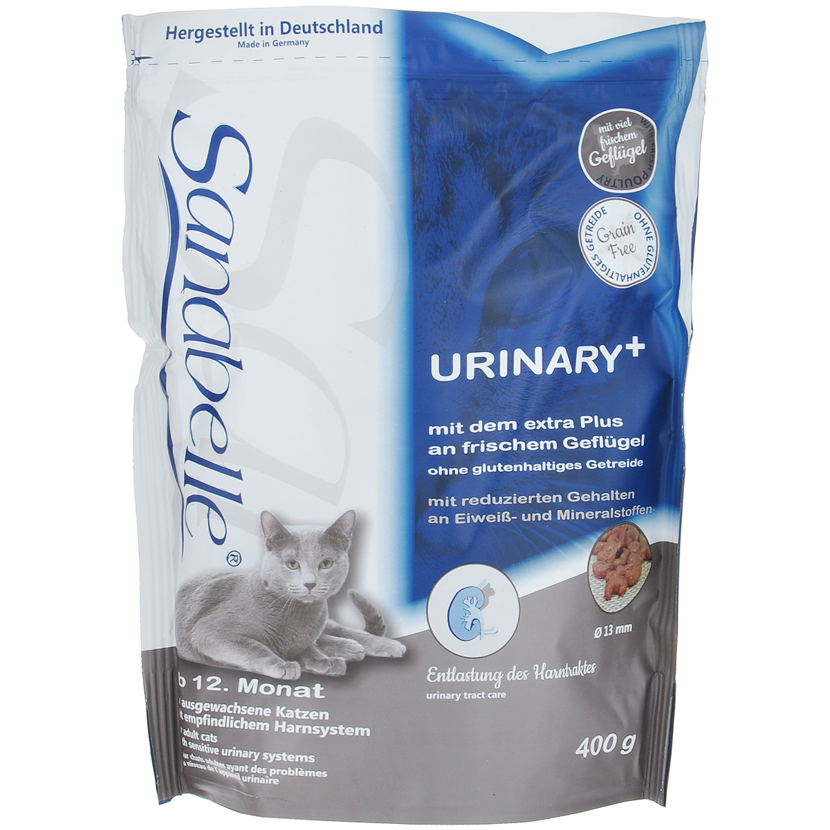 Корм сухой Sanabelle Urinary для кошек с чувствительной мочеполовой системой, 400 г0120710 Корм сухой Sanabelle Urinary для кошек с чувствительной мочеполовой системой, 400 г0120710Sanabelle Urinary - профилактический сухой корм для взрослых кошек старше года с чувствительной мочеполовой системой. Как и остальные корма серии, Sanabelle Urinary очень нравится кошкам и отлично усваивается.Высокое содержание и качество питательных веществ положительно влияет на желудок и кишечник. Пониженное содержание фосфора понижает риск образования камней в мочеполовой системе и нагрузку на почки. Очень низкое содержание кальция уменьшает опасность окисление мочи. Также на мочеполовую систему прекрасно влияет присутствие новых компонентов - клюквы и черники. Небольшое содержание при высочайшем качестве протеина снижает нагрузку на печень. Специально разработанный водный транзит-агент способствует естественному поглощению воды, нормализуя водный обмен на клеточном уровне, поддерживая водный баланс в организме. Экстракт из мидий (хондроитин) способствует правильному формированию и работе суставов. Грамотное использование в составе Sanabelle Urinary растительных волокон уменьшает вероятность слипания попавшей в желудок шерсти и облегчает выход уже образовавшихся волосяных шаров. Sanabelle Urinary содержит экстракт юкки, который способствует уменьшению запаха кала. Ингредиенты: рис, животный жир, свежее мясо домашней птицы, ячмень, печень (высушенная), мука из свежего мяса, гидролизованное мясо, рыбная мука, жировая клетчатка, цельное яйцо (высушенное), льняное семя, рыбий жир, хлорид калия, сухие дрожжи, клюква, черника, цветки бархатцев, хондроитин сульфат и глюкозамин (вытяжка из мидий), цикориевая пудра, экстракт юкки.Товар сертифицирован.