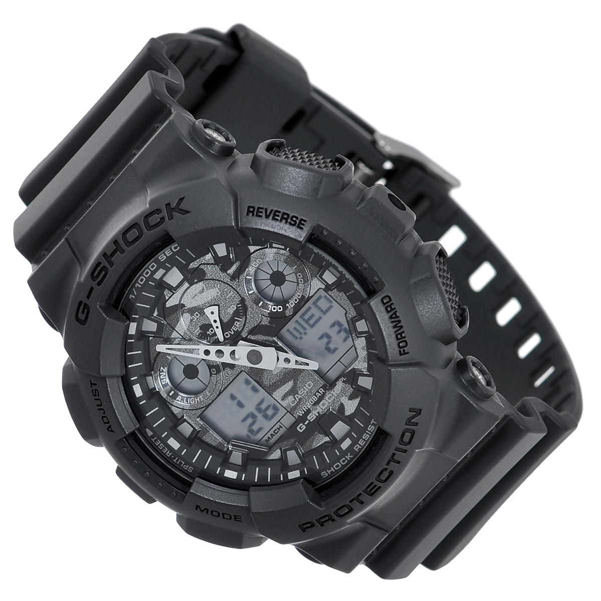 Часы мужские наручные Casio G-Shock, цвет: темно-серый. GA-100CF-8AML597BUL/D Часы мужские наручные Casio G-Shock, цвет: темно-серый. GA-100CF-8AML597BUL/DСтильные кварцевые часы G-Shock от японского брэнда Casio - это яркий функциональный аксессуар для современных людей, которые стремятся выделиться из толпы и подчеркнуть свою индивидуальность. Часы выполнены в спортивном стиле. Корпус имеет ударопрочную конструкцию, защищающую механизм от ударов и вибрации. Циферблат с отметками и двумя стрелками подсвечивается светодиодом. Функция автоподсветки освещает циферблат при повороте часов к лицу. Ремешок из пластика имеет классическую застежку.Основные функции: -5 будильников, один из которых с функцией Snooze, ежечасный сигнал; -автоматический календарь (число, месяц, день недели, год); -секундомер с точностью показаний 1/1000 с и временем измерения 100 ч; -12-ти и 24-х часовой формат времени; -таймер обратного отсчета от 1 мин до 24 ч с автоповтором; -мировое время; -сплит-хронограф; -защита от магнитных полей;-измерение скорости и расстояния. Часы упакованы в фирменную коробку с логотипом Casio. Такой аксессуар добавит вашему образу стиля и подчеркнет безупречный вкус своего владельца.Характеристики: Диаметр циферблата: 3,8 см.Размер корпуса: 5,5 см х 5,1 см х 1,7 см.Длина ремешка (с корпусом): 25 см.Ширина ремешка: 2,2 см. STAINLESS STELL BACK JAPAN MOVT EL CASED IN THAILAND.