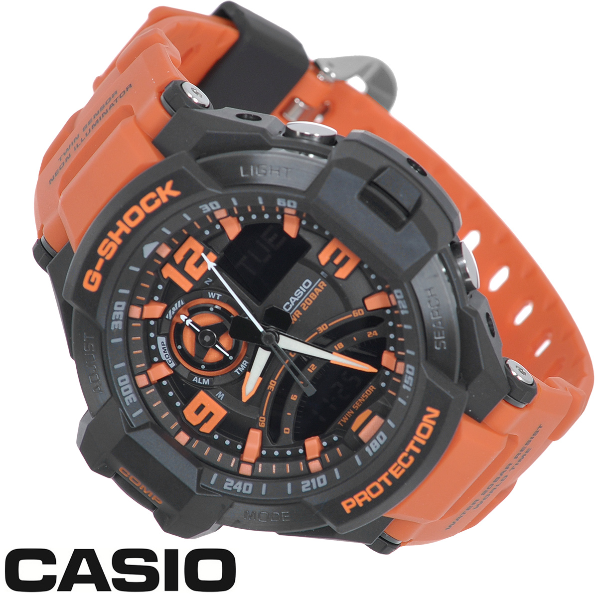 Часы мужские наручные Casio G-Shock, цвет: черный, оранжевый. GA-1000-4AEQW-M710DB-1A1 Часы мужские наручные Casio G-Shock, цвет: черный, оранжевый. GA-1000-4AEQW-M710DB-1A1Стильные часы G-Shock от японского брэнда Casio - это яркий функциональный аксессуар для современных людей, которые стремятся выделиться из толпы и подчеркнуть свою индивидуальность. Часы выполнены в спортивном стиле. Корпус имеет ударопрочную конструкцию, защищающую механизм от ударов и вибрации. Циферблат со стальным безелем подсвечивается светодиодной автоподсветкой с флюорисцентным напылением на стрелках и дисплее. При повороте часов в сторону лица подсветка дисплея осуществляется автоматически. Светонакопительное покрытие Neobrite продолжает светиться в темноте даже после непродолжительного пребывания на свету. Ремешок из мягкого пластика имеет классическую застежку.Основные функции: -5 будильников, один с функцией повтора сигнала (чтобы отложить пробуждение), ежечасный сигнал; -автоматический календарь (число, месяц, день недели, год); -встроенный цифровой компас; -термометр от -10° до +60°С с точностью 0,1°C; -секундомер с точностью показаний 1/1000 с, время измерения 24 часа; -12-ти и 24-х часовой формат времени; -таймер обратного отсчета от 1 мин до 1 ч; -мировое время; -функция включения/отключения звука.Часы упакованы в фирменную коробку с логотипом Casio. Такой аксессуар добавит вашему образу стиля и подчеркнет безупречный вкус своего владельца.Характеристики: Диаметр циферблата: 3,4 см.Размер корпуса: 5,1 см х 5,2 см х 1,6 см.Длина ремешка (с корпусом): 24,5 см.Ширина ремешка: 2 см. STAINLESS STELL BACK JAPAN MOVT Y CASED IN THAILAND.