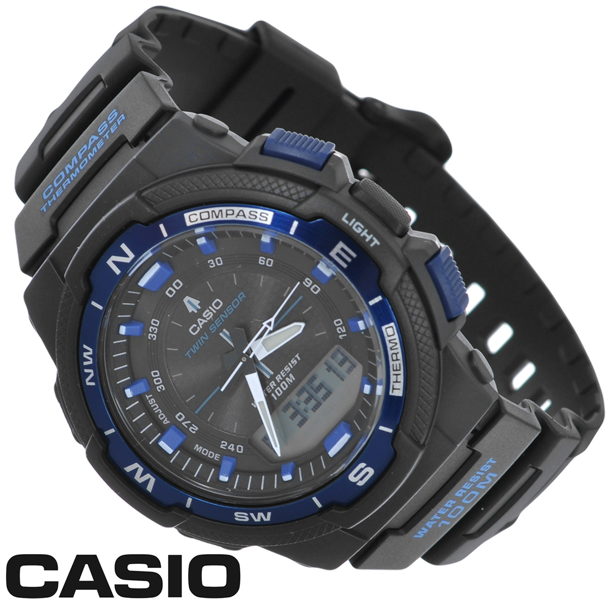 Часы мужские наручные Casio, цвет: черный, синий. SGW-500H-2B114_220 Часы мужские наручные Casio, цвет: черный, синий. SGW-500H-2B114_220Стильные многофункциональные часы от японского брэнда Casio - это яркий функциональный аксессуар для современных людей, которые стремятся выделиться из толпы и подчеркнуть свою индивидуальность. Часы выполнены в спортивном стиле.Электронные часы оснащены японским кварцевым механизмом. Корпус часов изготовлен из пластика и имеет алюминиевый безель. Циферблат оснащен тремя стрелками и подсвечивается светодиодом. Ремешок из пластика имеет классическую застежку.Основные функции: -5 будильников, ежечасный сигнал; -встроенный датчик температур от -10° до +60°С с точностью 0,1°C; -автоматический календарь (число, месяц, день недели, год); -встроенный цифровой компас; -секундомер с точностью показаний 1/100 с, время измерения 24 ч; -12-ти и 24-х часовой формат времени; -таймер обратного отсчета от 1 мин до 100 мин; -функция включения/отключения звука; -мировое время; -отображение возраста и фазы Луны, времени восхода и захода солнца. Часы упакованы в фирменную коробку с логотипом Casio. Такой аксессуар добавит вашему образу стиля и подчеркнет безупречный вкус своего владельца.Характеристики: Диаметр циферблата: 3,3 см.Размер корпуса: 5 см х 4,7 см х 1,5 см.Длина ремешка (с корпусом): 25,5 см.Ширина ремешка: 2 см. STAINLESS STELL BACK JAPAN MOVT EA CASED IN CHINA.