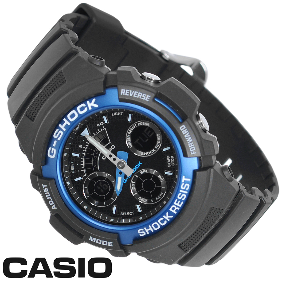 Часы мужские наручные Casio G-Shock, цвет: черный, синий. AW-591-2AT0AUFDJK3 Часы мужские наручные Casio G-Shock, цвет: черный, синий. AW-591-2AT0AUFDJK3Стильные аналогово-цифровые кварцевые часы G-Shock от японского брэнда Casio - это яркий функциональный аксессуар для современных людей, которые стремятся выделиться из толпы и подчеркнуть свою индивидуальность. Часы выполнены в спортивном стиле. Корпус имеет ударопрочную конструкцию, защищающую механизм от ударов и вибрации. Циферблат с люминесцентными отметками и двумя стрелками оснащен светодиодной автоподсветкой. Ремешок из пластика имеет классическую застежку.Основные функции: -5 будильников с функцией Snooze, ежечасный сигнал; -автоматический календарь (число, месяц, день недели, год); -секундомер с точностью показаний 1/100 с и временем измерения 1 ч; -мировое время; -таймер; -12-ти и 24-х часовой формат времени. Часы упакованы в фирменную коробку с логотипом Casio. Такой аксессуар добавит вашему образу стиля и подчеркнет безупречный вкус своего владельца.Характеристики: Диаметр циферблата: 3 см.Размер корпуса: 5,2 см х 4,6 см х 1,5 см.Длина ремешка (с корпусом): 25 см.Ширина ремешка: 2 см. STAINLESS STELL BACK JAPAN MOVT Y CASED IN THAILAND.