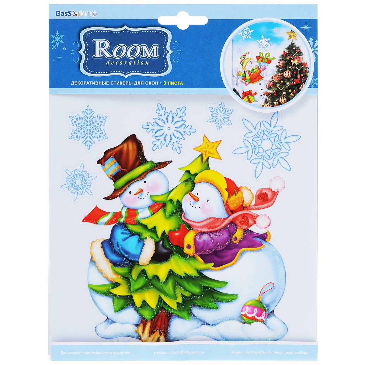 Новогоднее оконное украшение Room Decoration Снеговики, 18 х 18 см, 3 листа820343 Новогоднее оконное украшение Room Decoration Снеговики, 18 х 18 см, 3 листа820343Новогоднее оконное украшение Room Decoration Снеговики поможет украсить дом к предстоящим праздникам. На одном листе расположено по 6 наклеек в виде снеговиков и снежинок. Яркие изображения нанесены на прозрачную виниловую пленку и крепятся к гладкой поверхности стекла посредством статического эффекта. Наклейки декорированы блестками. Наклейки не содержат клея, не оставляют следов и идеальны для многоразового использования. Также имеется инструкция на русском языке.Новогодние украшения всегда несут в себе волшебство и красоту праздника. Создайте в своем доме атмосферу тепла, веселья и радости, украшая его всей семьей.Материал: виниловая пленка.Размер листа: 18 см х 18 см.
