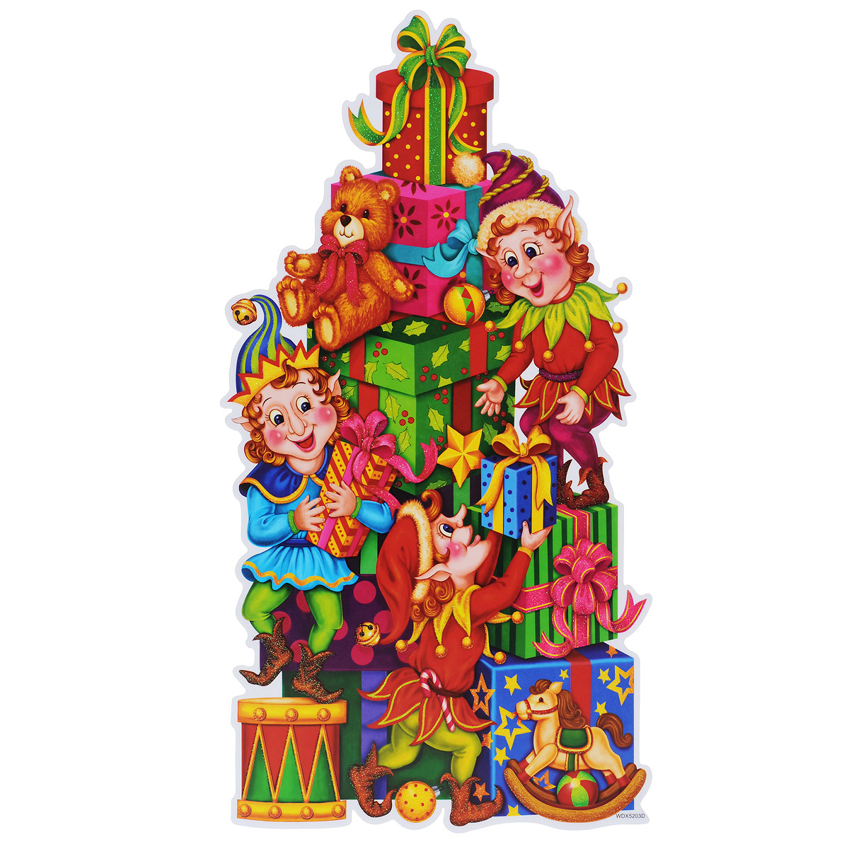 Новогоднее оконное украшение Room Decoration Эльфы с подарками, 42 см х 24 смRSP-202S Новогоднее оконное украшение Room Decoration Эльфы с подарками, 42 см х 24 смRSP-202SНовогоднее оконное украшение Room Decoration Эльфы с подарками поможет украсить дом к предстоящим праздникам. На одном листе расположены одна наклейка в виде изображения забавных эльфов с подарками. Яркие изображения нанесены на прозрачную виниловую пленку и крепятся к гладкой поверхности стекла посредством статического эффекта. Наклейки декорированы блестками. Наклейки не содержат клея, не оставляют следов и идеальны для многоразового использования. Также имеется инструкция на русском языке.Новогодние украшения всегда несут в себе волшебство и красоту праздника. Создайте в своем доме атмосферу тепла, веселья и радости, украшая его всей семьей.Материал: виниловая пленка.Размер листа: 42 см х 24 см.Размер наклейки: 41,5 см х 22,5 см.