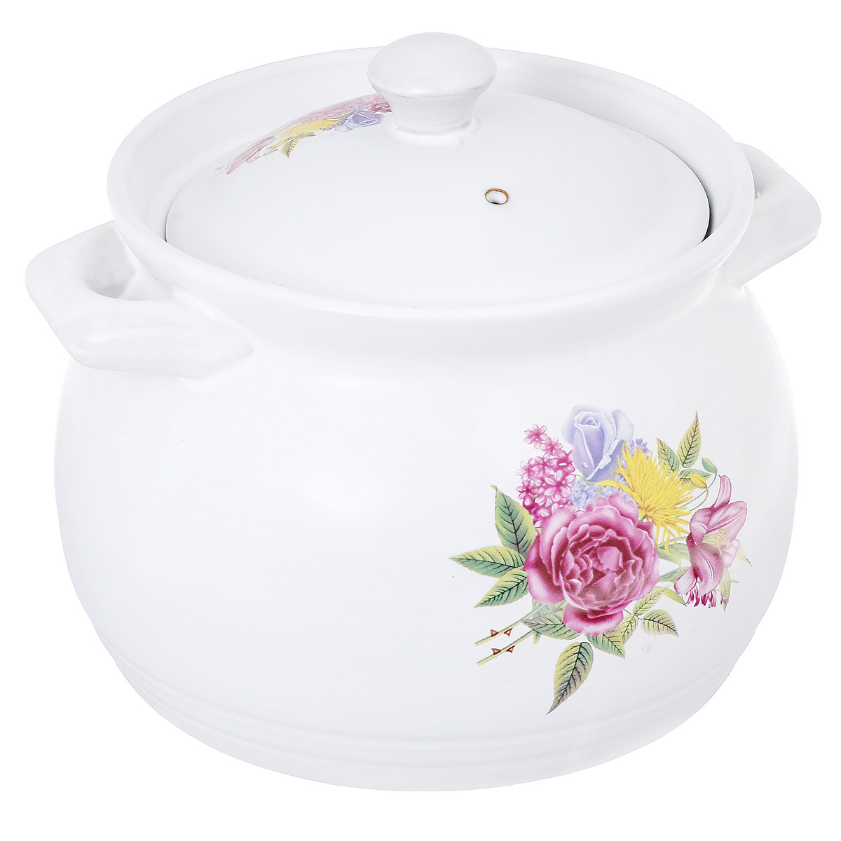 Кастрюля Bekker Розы с крышкой, цвет: белый, 3,8 л94672 Кастрюля Bekker Розы с крышкой, цвет: белый, 3,8 л94672Кастрюля Bekker изготовлена из жаропрочной керамики и декорирована изображением фруктов. При приготовлении в керамической посуде сохраняются питательные вещества и витамины. Керамика - прочный материал, который эффективно и быстро нагревается и удерживает тепло, медленно и равномерно его распределяя. Кроме того, керамика термостойка: она выдерживает температуру от - 30°С до 230°С. Кастрюля оснащена удобными ручками. Крышка изготовлена из керамики и оснащена отверстием для выхода пара. Она плотно прилегает к краю кастрюли, сохраняя аромат блюд. Можно использовать на газовой, электрической, керамической плитах и в духовом шкафу. Рекомендована ручная чистка.Высота стенки кастрюли: 16,2 см.Толщина стенки кастрюли: 5 мм.Толщина дна кастрюли: 4 мм.Ширина кастрюли с учетом ручек: 23 см.Диаметр дна кастрюли: 18,5 см.
