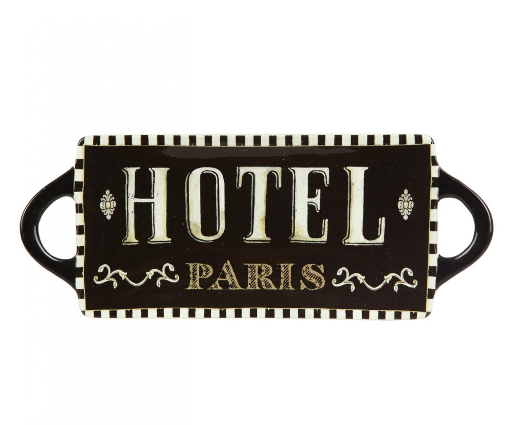 Блюдо Certified International Hotel Paris, 40 см х 16 см115510 Блюдо Certified International Hotel Paris, 40 см х 16 см115510Изящное прямоугольное блюдо Certified International Hotel Paris изготовлено из высококачественной керамики, которая отличается практичностью и высоким качеством исполнения. Изделие, украшенное надписью Hotel Paris, расписано вручную и покрыто глазурью, выполнено из экологически чистых материалов, что обеспечивает сохранение отменного вкуса блюд. Эта керамическая посуда химически инертна, не вступает в реакцию с пищей, не выделяет вредных веществ, при перегреве. Блюдо оснащено ручками. Такое блюдо прекрасно оформит праздничный стол и станет желанным подарком для любой хозяйки. Размер: 40 см х 16 см х 2,5 см.