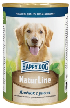 Консервы для собак Happy Dog Natur, с ягненком и рисом, кусочки в соусе, 400 г0120710 Консервы для собак Happy Dog Natur, с ягненком и рисом, кусочки в соусе, 400 г0120710Каждому хочется кормить своего питомца не только полезным и сбалансированным, но и вкусным питанием, которое собака будет кушать с удовольствием и в достаточном количестве, ведь от этого напрямую зависит самочувствие животного. Если ваш пушистый друг отдает предпочтение влажным кормам, тогда на роль полноценного рациона можно выбрать консервы Happy Dog Natur с ягненком и рисом. Консервы для собак Happy Dog Natur с ягненком и рисом подходят для кормления собак любых пород и содержат умеренное количество калорий, чтобы животное оставалось в хорошей форме и не набирало лишние килограммы. Мягкая консистенция консервов прекрасно разжевывается даже самыми маленькими питомцами и хорошо усваивается, что сводит к минимуму риск появления кишечных расстройств и нарушений работы пищеварительной системы. Снижению вероятности появления аллергических реакций также будет содействовать наличие в составе ограниченного количества высококачественных ингредиентов и отсутствие сои, искусственных красителей и консервантов. Мясо ягненка обеспечит животное качественным белком. Рис является прекрасным дополнением к мясу ягненка и, в отличие от других злаков, не содержит глютен. Рис также является прекрасным средством профилактики гастрита, что обусловлено обволакивающим действием данной культуры. В том числе рис поможет нормализовать обменные процессы, поддержит нервную систему, улучшит состояние кожи, шерсти и когтей. Комплекс витаминов и минералов дополнит рацион необходимым количеством важных для здоровья веществ, которые не содержатся или содержатся в недостаточном количестве в остальных входящих в состав ингредиентах. Растительные масла содержат фосфолипиды, жирные кислоты, витамины и жиры. Фосфолипиды являются строительным материалом клеточных мембран. Жиры обеспечивают организм энергией.Состав: мясо ягненка, рис, витаминно-минеральная комплекс, растительное масло.Питательные вещества: протеин 11%, жир 4,5%, клетчатка 0,5%, влажность 80%.Товар сертифицирован.