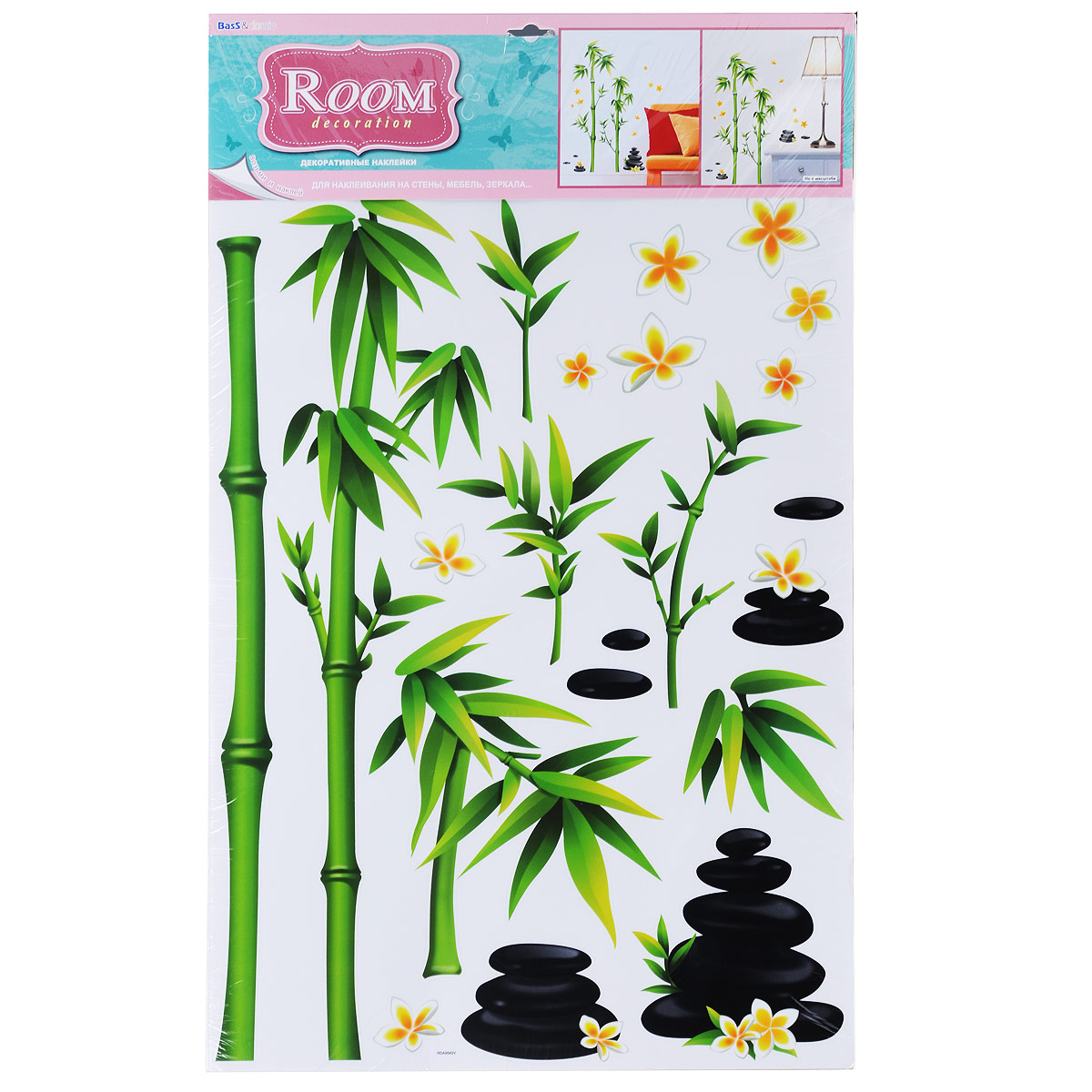 Наклейки для интерьера Room Decoration Бамбук с камнями, 58 х 42 см300164_черный, кошки Наклейки для интерьера Room Decoration Бамбук с камнями, 58 х 42 см300164_черный, кошкиНаклейки для стен и предметов интерьера Room Decoration Бамбук с камнями, изготовленные из экологически безопасной самоклеящейся виниловой пленки - это удивительно простой и быстрый способ оживить интерьер помещения. На листе расположено 20 наклеек, выполненных в виде бамбука, камней и цветочков.Интерьерные наклейки дадут вам вдохновение, которое изменит вашу жизнь и поможет погрузиться в мир ярких красок, фантазий и творчества. Для вас открываются безграничные возможности придумать оригинальный дизайн и придать новый вид стенам и мебели. Наклейки абсолютно безопасны для здоровья. Они быстро и легко наклеиваются на любые ровные поверхности: стены, окна, двери, кафельную плитку, виниловые и флизелиновые обои, стекла, мебель. При необходимости удобно снимаются, не оставляют следов и не повреждают поверхность (кроме бумажных обоев). Наклейки Room Decoration Бамбук с камнями помогут вам изменить интерьер вокруг себя: в детской комнате и гостиной, на кухне и в прихожей, витрину кафе и магазина, детский садик и офис.