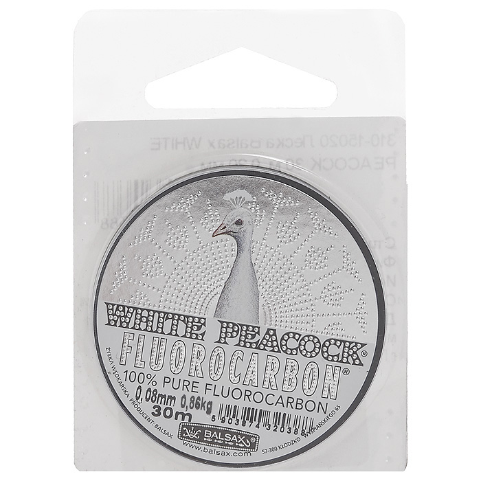 Леска Balsax White Peacock Fluorocarbon, сечение 0,08 мм, длина 30 м314-08038 Леска Balsax White Peacock Fluorocarbon, сечение 0,08 мм, длина 30 м314-08038Леска зимняя Balsax White Peacock Fluorocarbon выполнена из флюорокарбона, благодаря которому она становится абсолютно невидимой в воде. Обычные лески отражают световые лучи, поэтому рыбы их обнаруживают. Флюорокарбон имеет приближенный к воде коэффициент преломления, поэтому пропускает сквозь себя свет, не давая отражений. Рыбы не видят флюорокарбон. Многие рыболовы во всем мире используют подобные лески в качестве поводковых, благодаря чему получают более лучшие результаты.Флюорокарбон на 50% тяжелее обычных лесок и на 78% тяжелее воды. Понятно, почему этот материал используется для рыболовных лесок, он тонет очень быстро. Флюорокарбон не впитывает воду даже через 100 часов нахождения в ней. Обычные лески впитывают до 10% воды в течение 24 часов, что приводит к потере 5 - 10% прочности. Флюорокарбон не теряет прочности. Сопротивляемость флюорокарбона к истиранию значительно больше, чем у обычных лесок. Он выдерживает температуры от -40°C до + 60°C.