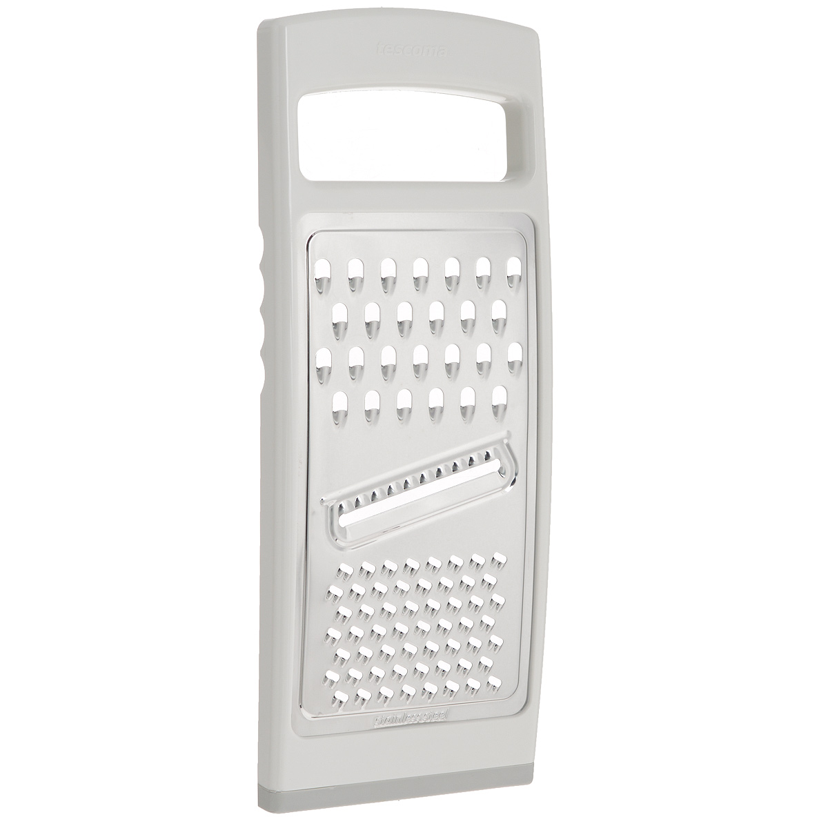 Терка плоская Tescoma Handy115510 Терка плоская Tescoma Handy115510Терка плоская Tescoma Handy предназначена для простого и быстрого измельчения и нарезки на ломтики всех обычных видов продуктов - овощей, фруктов, сыра, шоколада и т.д. Терка изготовлена из первоклассной нержавеющей стали и прочной пластмассы белого цвета. Противоскользящая обработка для безопасного использования. Благодаря своим компактным размерам терка не займет много места на вашей кухне. Пригодна для мытья в посудомоечной машине. Размер терки: 27,5 см х 11,5 см х 1,5 см.