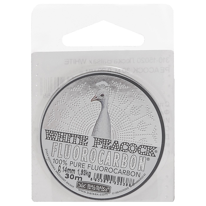 Леска Balsax White Peacock Fluorocarbon, сечение 0,14 мм, длина 30 м260-004 Леска Balsax White Peacock Fluorocarbon, сечение 0,14 мм, длина 30 м260-004Леска зимняя Balsax White Peacock Fluorocarbon выполнена из флюорокарбона, благодаря которому она становится абсолютно невидимой в воде. Обычные лески отражают световые лучи, поэтому рыбы их обнаруживают. Флюорокарбон имеет приближенный к воде коэффициент преломления, поэтому пропускает сквозь себя свет, не давая отражений. Рыбы не видят флюорокарбон. Многие рыболовы во всем мире используют подобные лески в качестве поводковых, благодаря чему получают более лучшие результаты.Флюорокарбон на 50% тяжелее обычных лесок и на 78% тяжелее воды. Понятно, почему этот материал используется для рыболовных лесок, он тонет очень быстро. Флюорокарбон не впитывает воду даже через 100 часов нахождения в ней. Обычные лески впитывают до 10% воды в течение 24 часов, что приводит к потере 5 - 10% прочности. Флюорокарбон не теряет прочности. Сопротивляемость флюорокарбона к истиранию значительно больше, чем у обычных лесок. Он выдерживает температуры от -40° C до + 160° C.