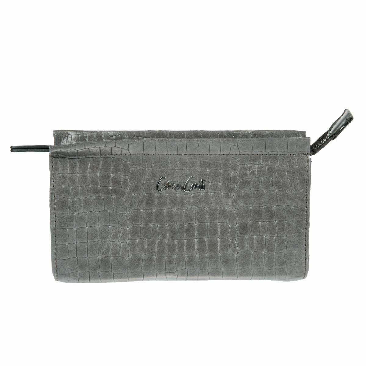 Косметичка Gianni Conti, цвет: серый. 1385197INT-06501 Косметичка Gianni Conti, цвет: серый. 1385197INT-06501Модная косметичка Gianni Conti выполнена из натуральной высококачественной кожи и декорирована тиснением под кожу рептилии. Лицевая сторона оформлена декоративным металлическим элементом в виде названия бренда. Изделие закрывается на удобную металлическуюзастежку-молнию. Внутри - одно отделение и небольшой накладной карман, оформленный кожаной нашивкой с тисненой надписью. Косметичка упакована в фирменную коробку.Стильная косметичка не только отлично дополнит ваш модный образ, но и станет незаменимой вещью в дальней поездке. Благодаря компактным размерам она поместится в любую сумочку.