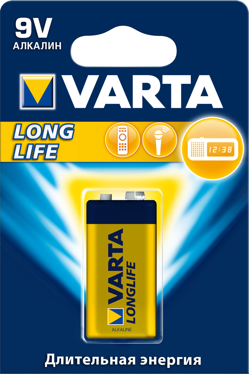 Батарейка Varta Longlife, тип крона, 9В, 1 шт1663 Батарейка Varta Longlife, тип крона, 9В, 1 шт1663Батарейки Longlife самые долгоиграющие из ассортимента батареек Varta. Данная линейка наилучшим образом подходит для приборов с невысоким и постоянным энергопотреблением, таких как: пульт управления, настенные часы, радио, микрофоны и фонарики.