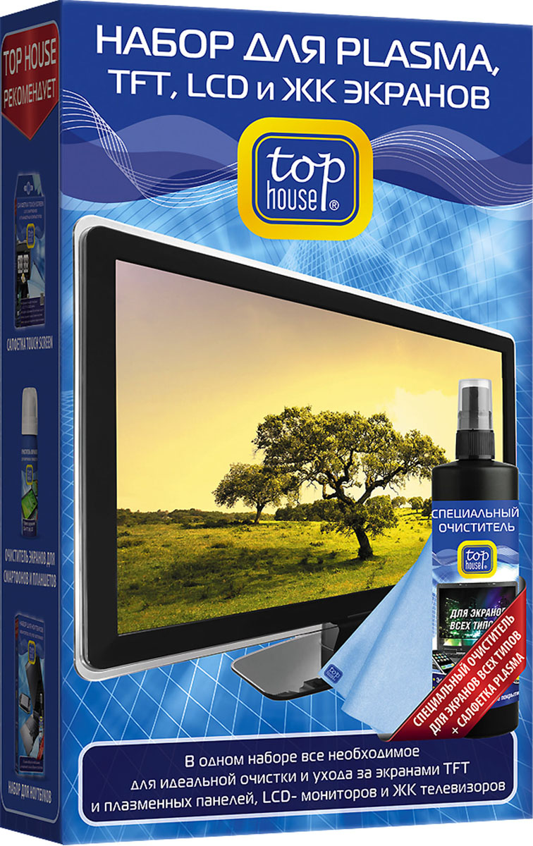 Набор для ухода за Plasma, TFT, LCD, ЖК экранами Top House, 2 предмета30320 Набор для ухода за Plasma, TFT, LCD, ЖК экранами Top House, 2 предмета30320Набор Top House состоит из специального очистителя и салфетки. Набор предназначен для качественной очистки и повседневного ухода за экранами TFT и плазменных панелей, ЖК-телевизоров, LCD-мониторов, проекционных и ЭЛТ телевизоров, ноутбуков, КПК, смартфонов, коммуникаторов и цифровых фоторамок. Набор идеально удаляет любые загрязнения, не повреждает защитное покрытие экранов, обладает длительным антистатическим эффектом. Не оставляет ворсинок, царапин и разводов. Состав средства: менее 5% неионные ПАВ, растворитель (бутилгликоль), антистатик, ароматизаторы, обессоленная вода, консерванты (бензизотиазолинон, метилизотиазолинон). Материал салфетки: 100% полиэстер. Размер салфетки: 36 см х 38 см.