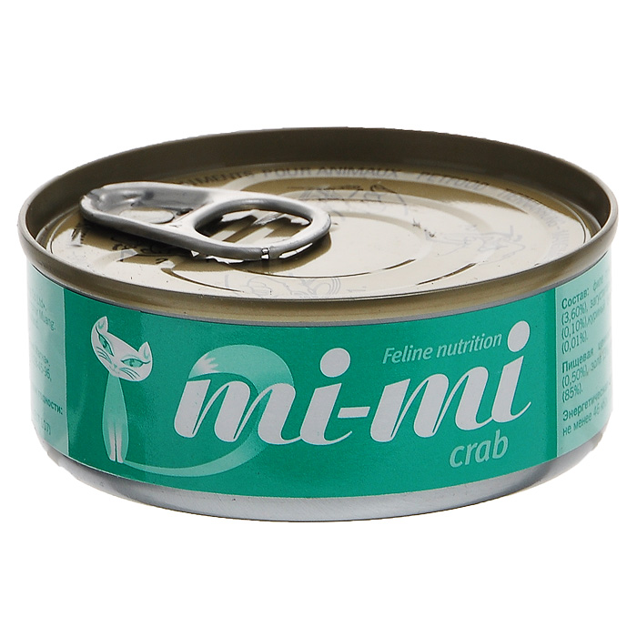 Консервы для кошек и котят Mi-Mi, с крабом, 80 г15836 Консервы для кошек и котят Mi-Mi, с крабом, 80 г15836Консервы Mi-Mi изготовлены только из натуральных продуктов с добавлением минеральных веществ и витаминов в необходимой пропорции. Не содержат красителей и ароматизаторов. Идеально сбалансированный состав позволяет применять консервы Mi-Mi для кормления самых требовательных и проблемных кошек, в том числе и для бесшерстных пород. Способствует профилактике мочекаменной болезниза счет сбалансированного минерального состава и pH-контроля. Содержат высокую концентрацию таурина, оказывающего благотворное действие на зрение и сердце.Состав: филе тунца (47,4%), мясо краба (3,6%), загуститель (1,2%), яичный порошок (0,1%), куриный бульон (47,69%), витамин Е (0,01%). Пищевая ценность: протеин (12%), жир (0,50%), зола (3%), клетчатка (1%), влажность (85%).Энергетическая ценность: не менее 46 ккал / 100 г. Товар сертифицирован.