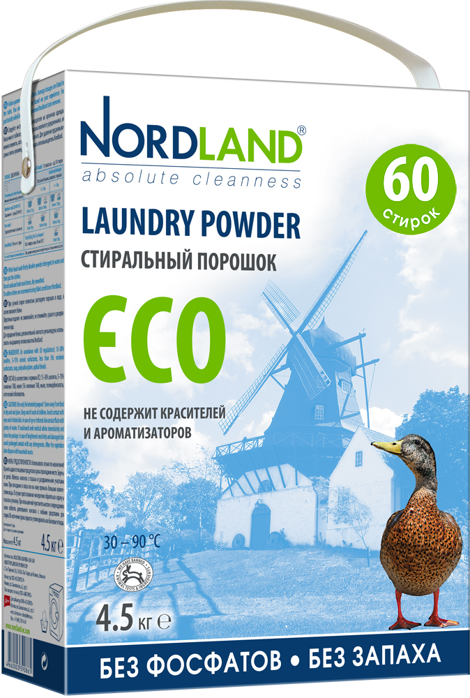 Стиральный порошок Nordland ECO, 4,5 кгGC204/30 Стиральный порошок Nordland ECO, 4,5 кгGC204/30Стиральный порошок Nordland ECO нового поколения не содержит фосфатов и не имеет запаха. Специально разработан для использования в стиральных машинах всех типов при температуре от +30° до +90°С и для ручной стирки. Порошок подходит для стирки как белых, так и цветных тканей из натуральных, синтетических и смесовых волокон. Может использоваться для стирки верхней одежды, свитеров, курток, комбинезонов. Может использоваться в местах без централизованной системы канализации, например, загородом. - Без красителей и ароматизаторов- Заботится об экосистеме вашего дома- Хорошо выполаскивается- Мягко очищает и ухаживает за тканями- Не тестируется на животных- Экономичный расход (60 стирок)- Биораспад более 90%Состав: 15-30% цеолиты, 5-15% анионные ПАВ, менее 5%: неионные ПАВ, мыло, поликарбоксилаты, оптический отбеливатель. Вес: 4,5 кг. Товар сертифицирован.