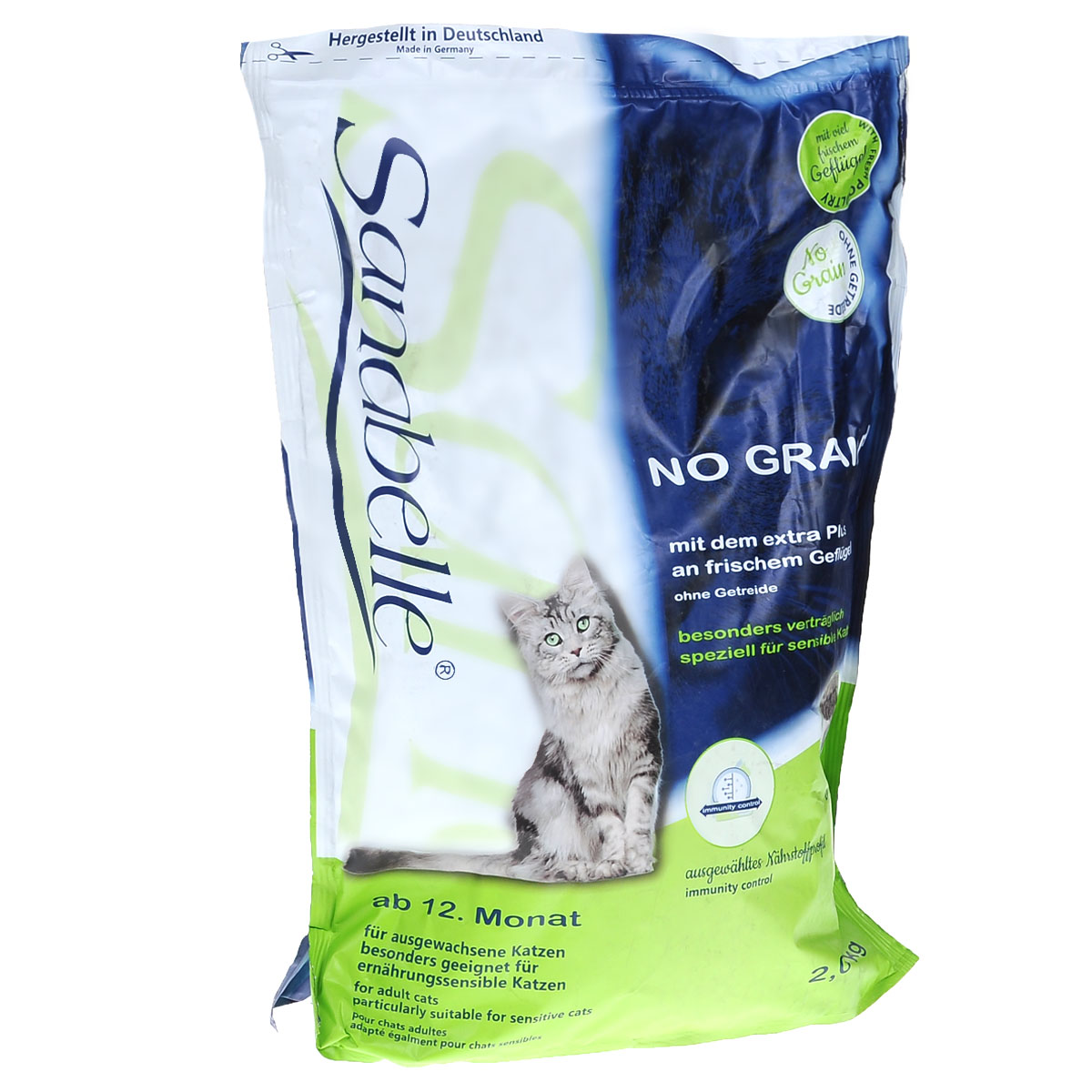 Корм сухой Sanabelle No Grain для взрослых кошек с чувствительным пищеварением, 2 кг0120710 Корм сухой Sanabelle No Grain для взрослых кошек с чувствительным пищеварением, 2 кг0120710Сухой корм Sanabelle No Grain - полностью сбалансированный высококачественный корм для взрослых (старше года) кошек с чувствительным пищеварением. Благодаря отсутствию в составе злаков, содержащих глютен, корм обладает гипоаллергенными свойствами и подходит кошкам с чувствительным желудком и пищеварением. Содержание свежего мяса и цельного яйца делает корм вкусным и привлекательным для кошек. Сухой корм Sanabelle No Grain способствует нормализации пищеварения, поддерживает иммунную систему организма, а также придает блеск шерсти. Использование свежего мяса в качестве альтернативы стандартной муки из мяса способствует лучшему усвоению корма и содержащегося в нем протеина. Высокая доля питательных веществ снижает потребности кошки в кормлении и за счет этого снижается нагрузка на пищеварительный тракт.Состав: свежее мясо домашней птицы (мин. 20%), картофельные хлопья, мясо домашней птицы, картофельная мука, животный жир, жировая клетчатка (дегидратированная), печень, гидролизованный протеин, свекольная пульпа (без сахара), яичный порошок, клетчатка, льняное семя, рыбий жир, дрожжи, клюква, черника, мука из мидий, цикориевая пудра, сушенные цветки бархатцев, экстракт юкки. Химический состав: протеин - 32%, жир - 16, клетчатка - 3%, минеральные вещества - 6,5%, влажность - 10%, экстрактивные вещества не содержащие азот - 32,5 %.Пищевые добавки (на 1 кг): витамин А 17,500 МЕ, витамин D3 1,500 МЕ, витамин Е - 150 мг, таурин - 2,000 мг, медь - 10 мг, цинк (в форме окиси цинка) - 30 мг, цинк (цинк в амининокислотной хелатной форме, гидрат) - 40 мг, йод - 2 мг, селен - 0,2 мг.Товар сертифицирован.